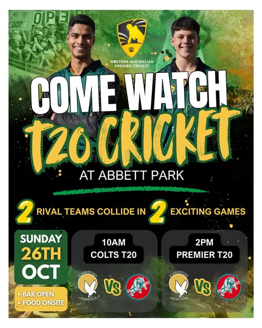 Our affiliate club Scarborough CC has T20 Cricket🏏 back at Abbett Park with the Gulls hosting Bayswater Morley on Sunday 26 October and Country XI on Sunday 9 November.
The Premier and Colts will take the field both days with the first game at 10am and final game 2pm with food🌭 and drink🥤 available on site.