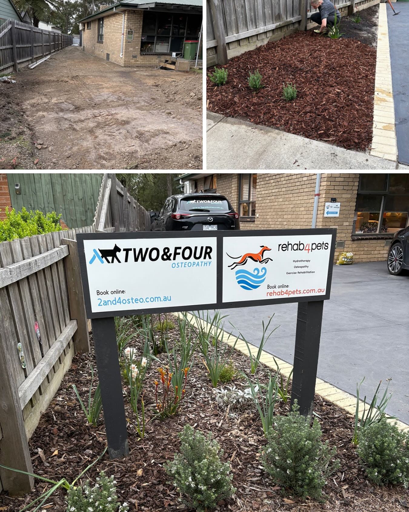 From gravel and mud last year, to a finished garden bed with new signage. Progress on another clinic project.
Very grateful to my wife who designed and printed the signs and my daughter who painted the posts and backing board 😊 (I dug the post holes, only got one hole slightly in the wrong spot 🤦♂️😆)
#rehab4pets_au #2and4osteo #animalrehab #caninehydro #caninehydrotherapy #petrehab #animalosteopathy #kilsyth #montrose #croydon