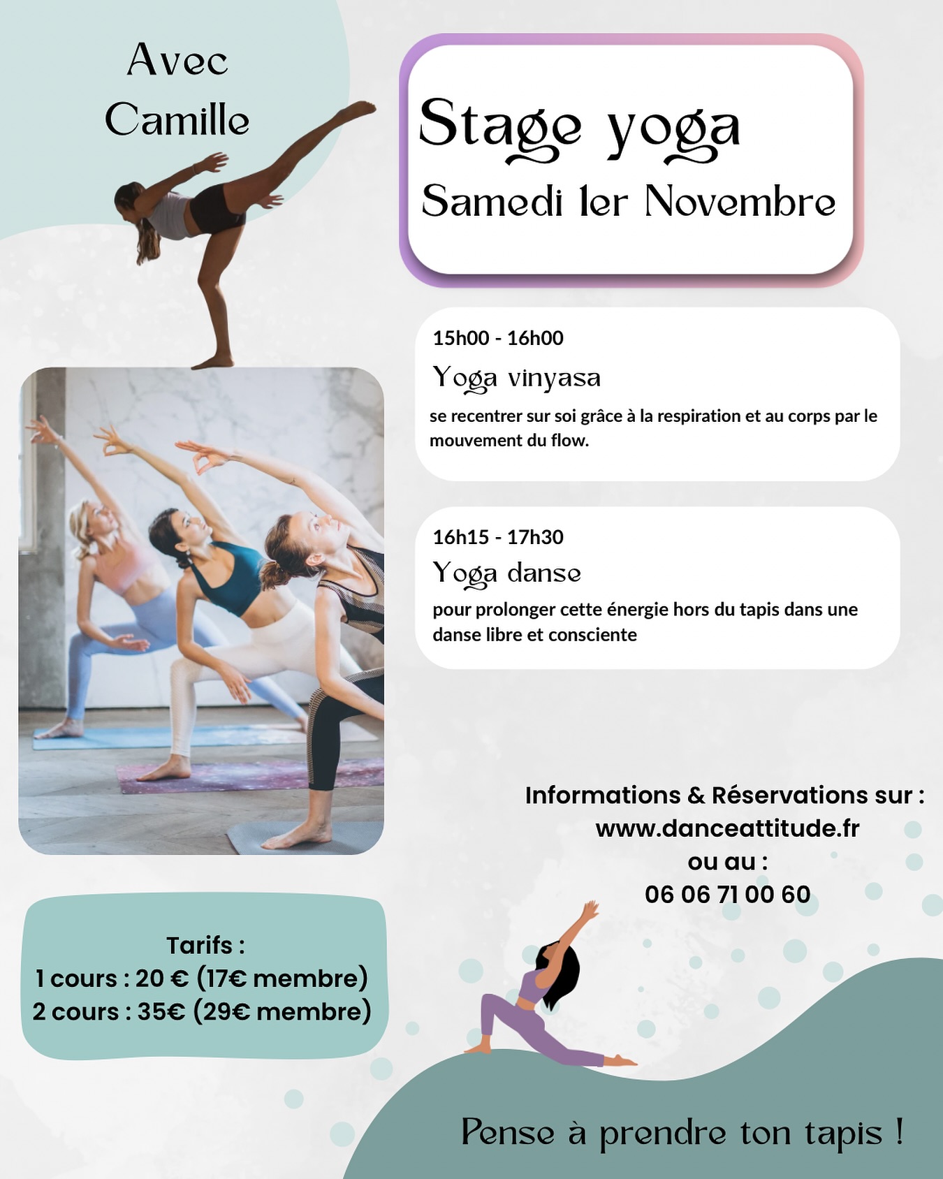 ✨Deux ateliers pensés pour vous !
Quoi de mieux qu’un samedi d’automne pour se recentrer sur soi. 🍂🧘
Camille vous guidera dans un moment de bien-être et de reconnection.
✨Yoga Vinyasa où vous travaillerez les différentes postures et les mouvements de votre flow
✨Vinya Danse, où hors du tapis nous mettrons notre corps en mouvements plus libres et dansés, toujours autour de notre respiration et des postures inspirées du yoga
Inscription : lien en bio ou sur notre site : danceattitude.fr
Tarifs régressifs : 20€ le cours ou 35€ les 2 cours
🧘PENSE À PRENDRE TON TAPIS🧘♂️