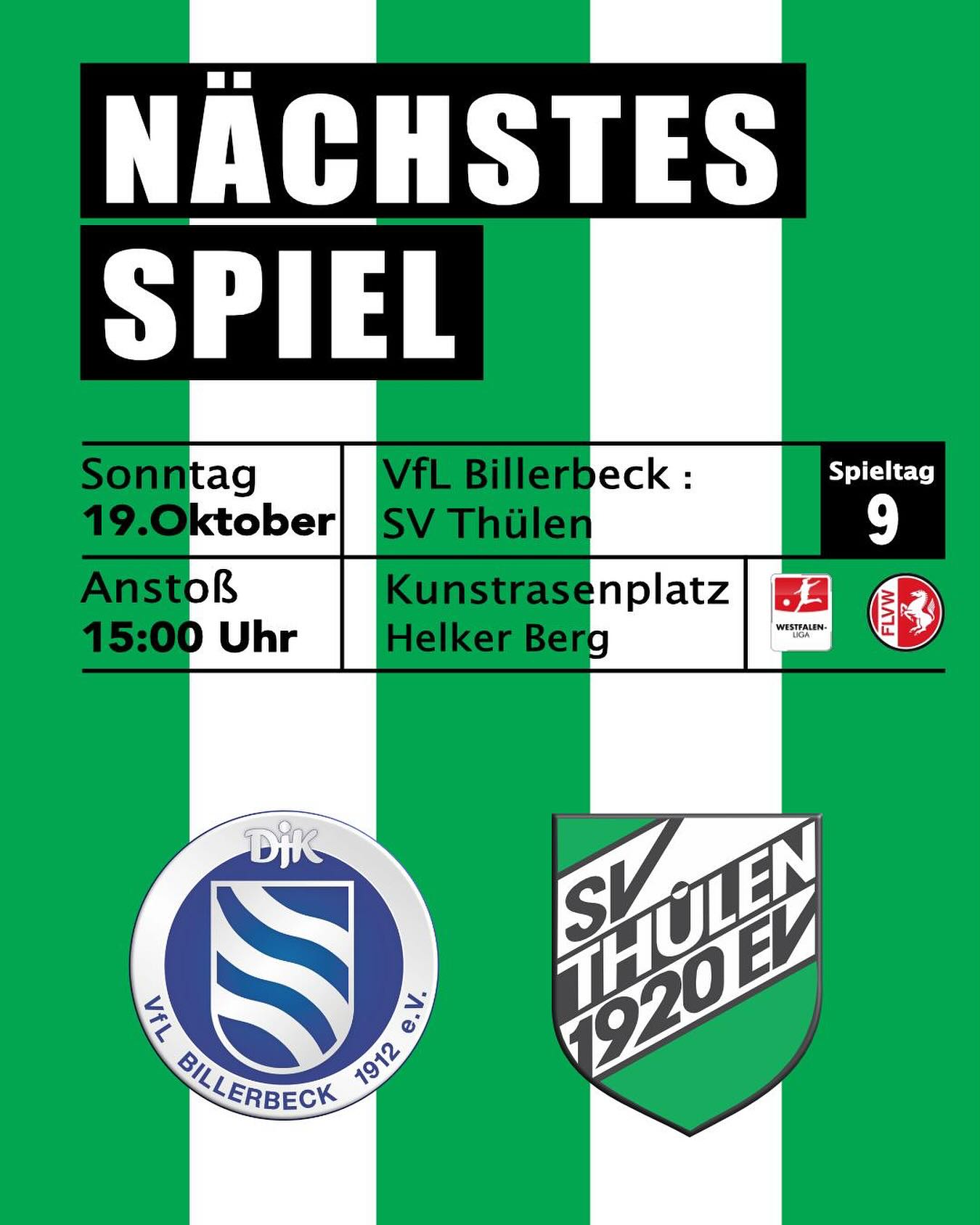 ⚽ Für SVT-Damen geht es in Billerbeck um wichtige Punkte ⚽
Am 9. Spieltag in der Damen Westfalenliga muss der SV Thülen bei der DJK VfL Billerbeck antreten.
Der Gastgeber aus dem Kreis Coesfeld ist im Sommer als knapper Tabellenführer von der Landesliga Staffel 3 in die Westfalenliga aufgestiegen.
Dort läuft es noch nicht so rund für den Liganeuling. Lediglich beim Mitaufsteiger SC Borchen konnte die DJK durch einen 4:1-Auswärtssieg punkten.
Mit einem Torverhältnis von 8:32 belegt die Heimmannschaft momentan den vorletzten Tabellenplatz (13.).
Für beide Teams steht viel auf dem Spiel. Nur ein dreifacher Punktgewinn kann den abstiegsgefährdeten Mannschaften im Kampf um den Klassenerhalt weiterhelfen.
Dessen sind sich die Grün-Weißen vom Thülener Scheid bewusst. Daher heißt es volle Konzentration und an die gute Leistung aus dem Spiel gegen die SVKT 07 Minden anknüpfen.
Anstoß der Kellerpartie ist am Sonntag, 19.10.2025, um 15 Uhr auf dem Kunstrasenplatz 2 im Sportzentrum Billerbeck.