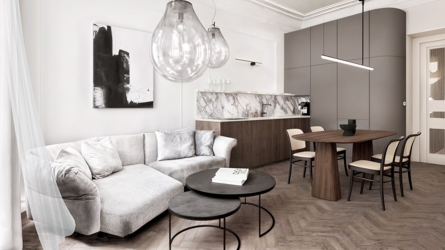 Thoughtful design meets functional living
From living and dining to the bedroom suite, each room follows the same principle — minimal yet warm, functional yet refined.
Built-in joinery, subtle lighting and carefully chosen textures create a calm and coherent interior.
The result is a quiet dialogue between old and new — a place to live, not just to look at.
We can’t wait to see this project taking shape in the historical centre of Prague.