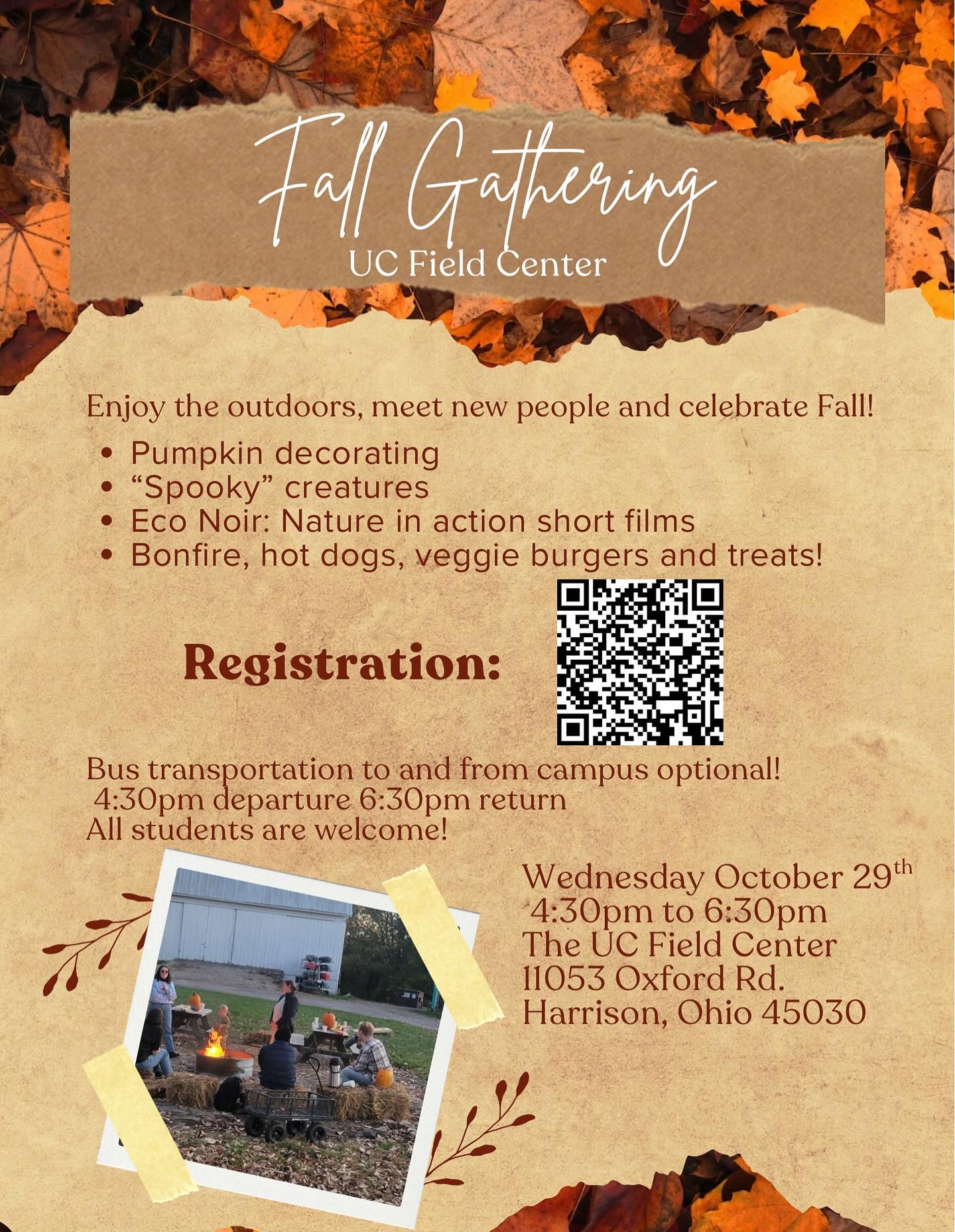Join us for an evening of Fall Fun! Register ASAP to secure your spot and sign up for transportation to the UC Field Center NEXT Wednesday.
Clubs are welcome to set up a table and students of all majors are invited to explore the activities and celebrate with us.