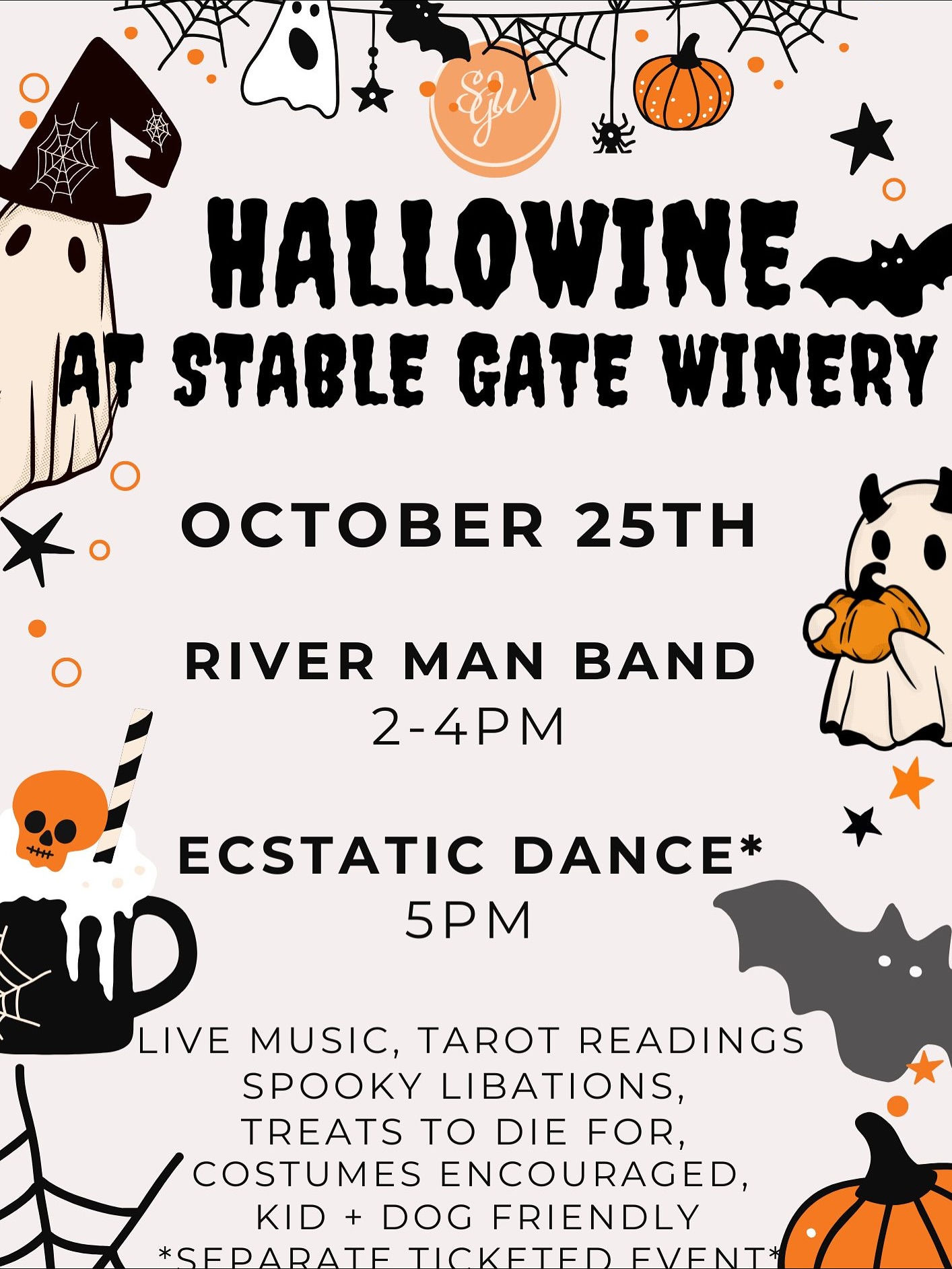 Hallowine weekend at Stable Gate! THIS WEEKEND!
We’re going full force for our final two weekends of service and we can’t wait to have a frighteningly ghoulish time across 3 Different Events!
If you wanna come and boogie, are into day drinking with live music, and or love to shop we got you covered
Oct 24- Halloween Line Dance with Kevin Richards { ghoulish grub, bone chilling cocktails + toasty ones, and dance! } Doors 5PM | Lessons 6PM
Oct 25-Annual Hallo-Wine Party! {Live music, tarot readings, taco bar, ecstatic dance} Band 2PM | Dance 5PM
Oct 26- Last day of regular seasonal operation + Circus Jam Open All Ages Event {lyra, slack line, acro yoga} 12-3PM, Normal Business Hours
Nov 1- A Big Gay Market + Kids Yoga Rave! {Spooky Shopping, Kids Program, Taco Bar}
Market 11AM, Yoga 12PM, Drag Show 7PM