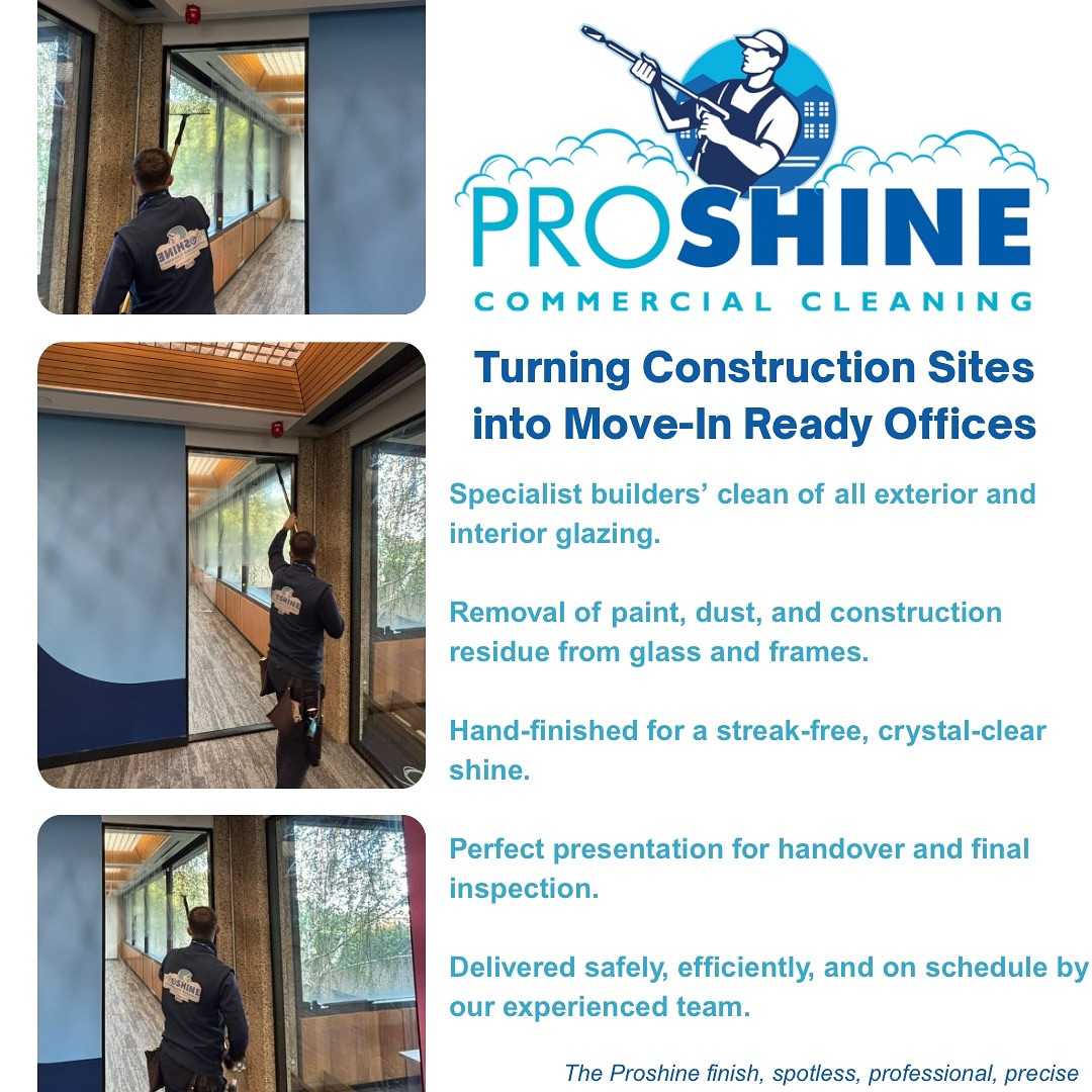 Today’s job with Proshine Commercial Cleaning 💪
We were in Perth completing a full builders clean on a brand new construction site, now ready for move-in offices!
✨ All interior and exterior glazing cleaned
✨ Every frame, panel, and surface left spotless
If you’re looking for a commercial, builders, or renovation clean, we’re your people.
📞 Get in touch with the Pro Shine team today we’ll have your space gleaming in no time.