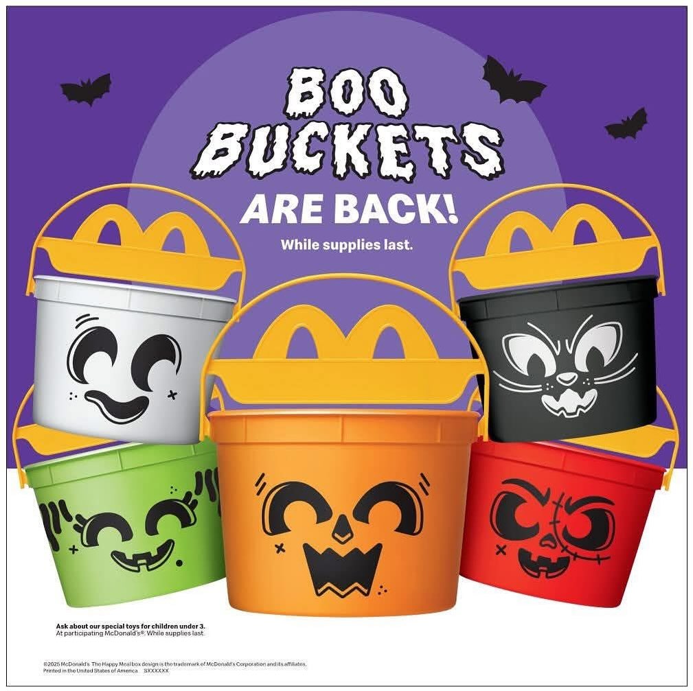 THEY’RE BACK and spookier than ever! 🎃
Boo Buckets have returned for Halloween — featuring Ghost, Pumpkin, Goblin, and two new friends: Cat and Zombie!
Creepy, kooky, and totally collectible — grab yours before they disappear!👻
Available for a limited time only.
#BooBuckets #HalloweenAtMcDonalds