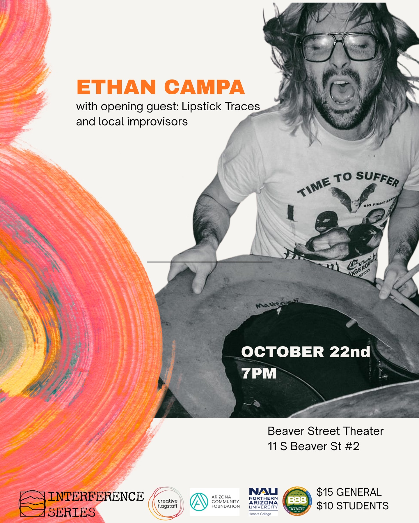 Tonight!💥10/22 @beaverstreettheatre
Help us close out October events with a fun double bill featuring local and touring artists. Lip Stick Traces, voted one of the best up and coming bands in our area opens up for drummer Ethan Campa.
Coach Campa is a smasher, basher, & crasher out of San Antonio Texas. A free Improvised drummer/percussionist, influenced by the likes of Elvin Jones, Milford Graves, Tony Oxley and other great improvisers, who can lay the smack down on the kit, as well as test the soft waters of swishy swooshes. If you fancy broken cymbal pieces on drum skins, you’ve come to the right show!
@zeeethan @lipsticktracesband