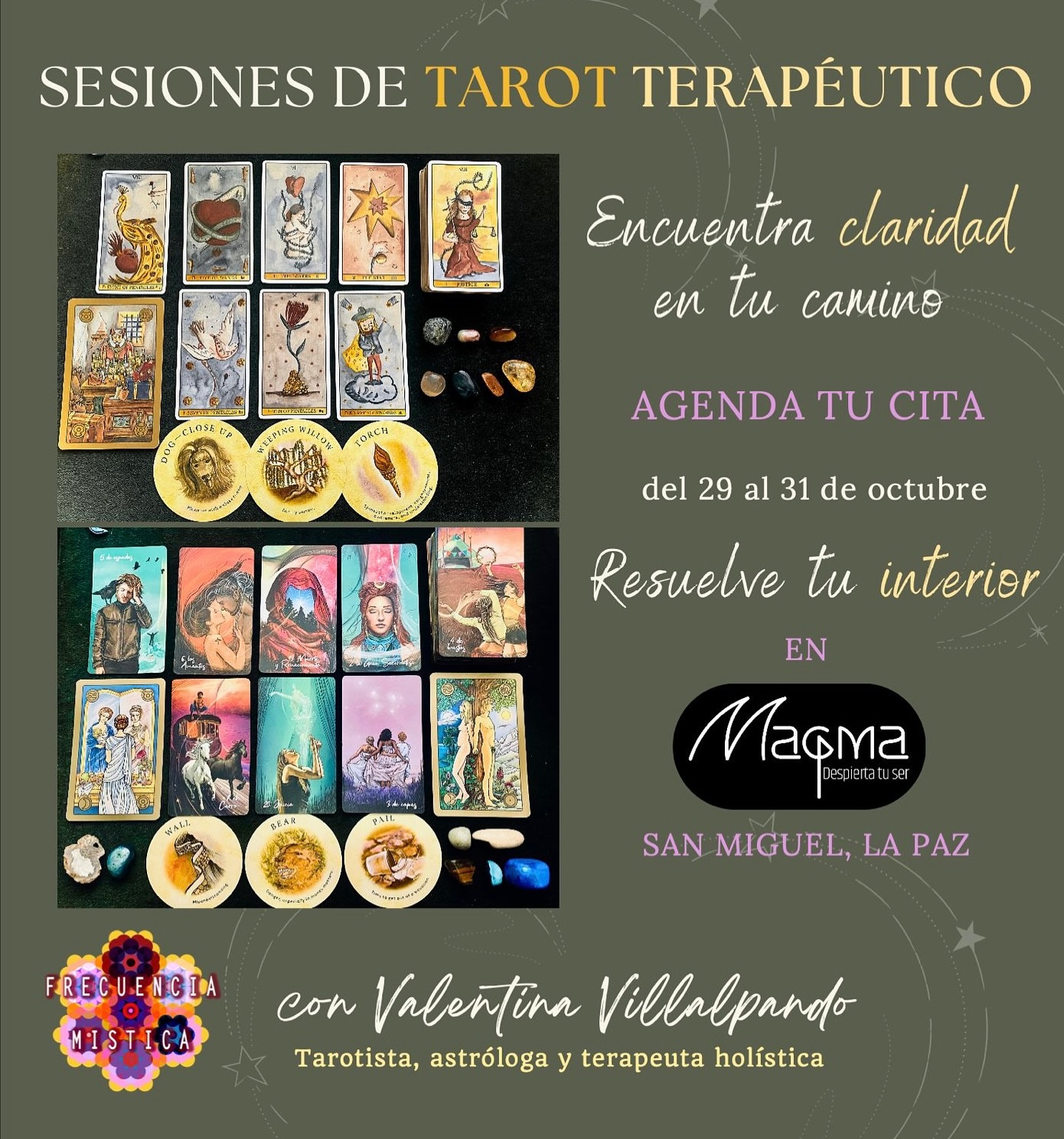 Sesiones presenciales de tarot terapéutico para mujeres ✨🌷
“Si te has sentido con dudas, miedos, ansiedad, tristeza o con falta de energía, probablemente existe una situación que no terminó de resolverse en ti…
Durante una sesión de tarot terapéutico no se juzga, todo lo contrario: se escucha, se atiende y se sirve a lo que tu divinidad tiene para decirte sobre lo que necesitas en tu vida. El campo energético del cuerpo es un canal de información infinita. El tarot es una de las muchas herramientas que existen que permiten decodificar esta información, y en esta oportunidad, desde mi conocimiento y experiencia, puedo ser una intérprete para ti de sus mensajes🤍✨Veamos de que se trata y resolvámoslo 🌸💞 “
-Valentina V.
Agenda tu cita conmigo por DM o al 63981763
#lapaz #bolivia #tarotterapeutico #tarot #cristales #oraculo #guiainterior #guiaespiritual