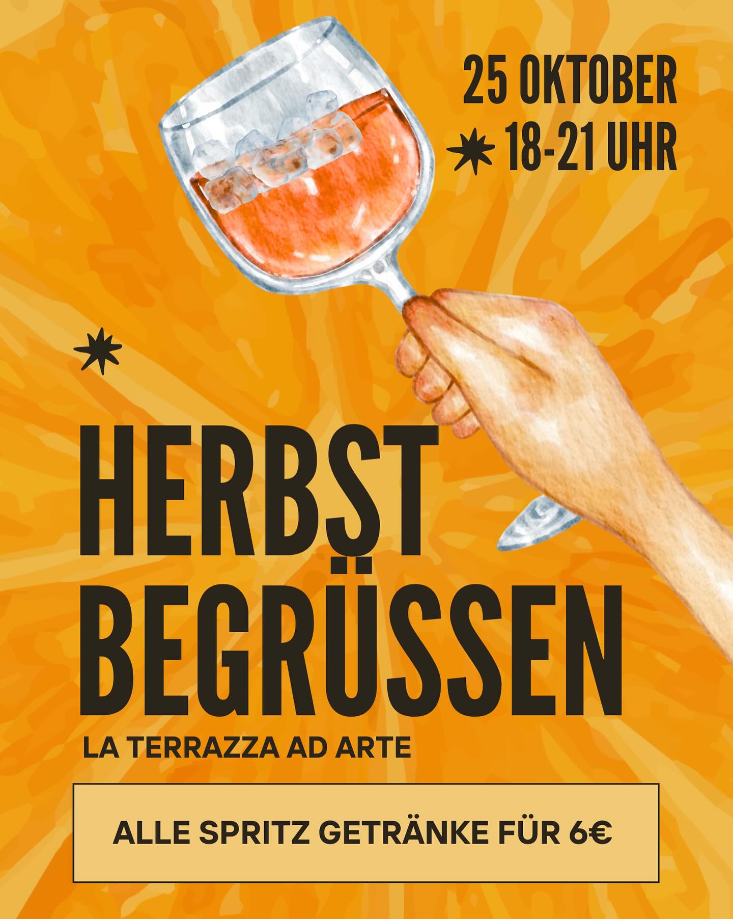 Am Samstag bieten wir alle Spritz Getränke ab 18 Uhr für 6€ an, um den Sommer mit einem spritzigen Ende gebührend zu verabschieden ☀️🍂
Wir freuen uns auf euch #laterrazza 🥂