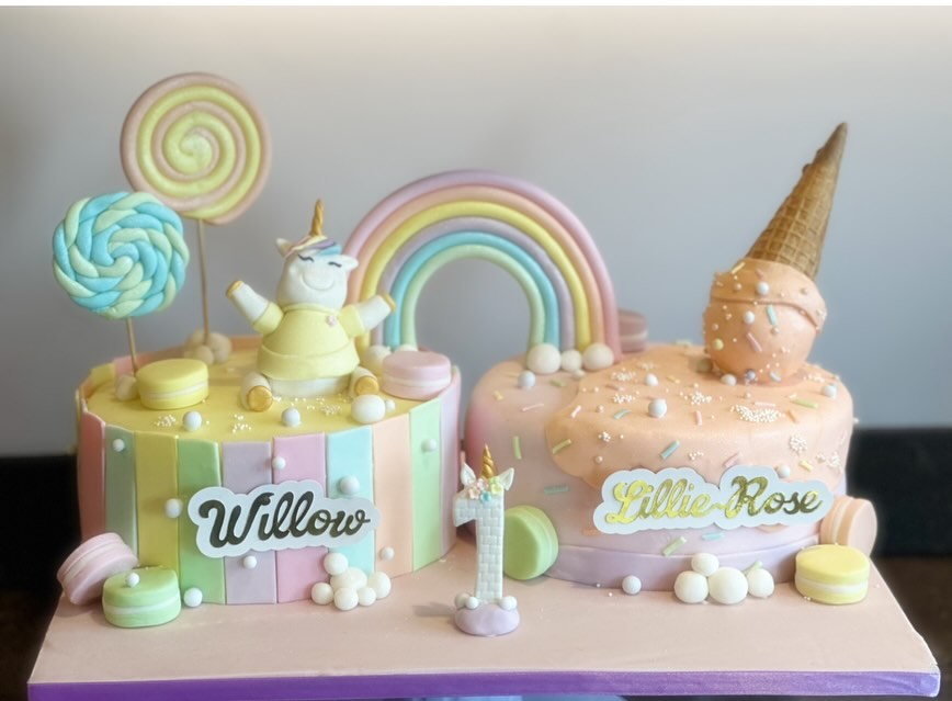 Adorable pastel coloured unicorn 🦄 rainbow 🌈 cake for 1st birthday. For a quote contact on www.daisyslittlecakeshop.com #happybirthday #happy1stbirthday #sayitwithcake #unicorncakes #rainbowcake #1stbirthday
