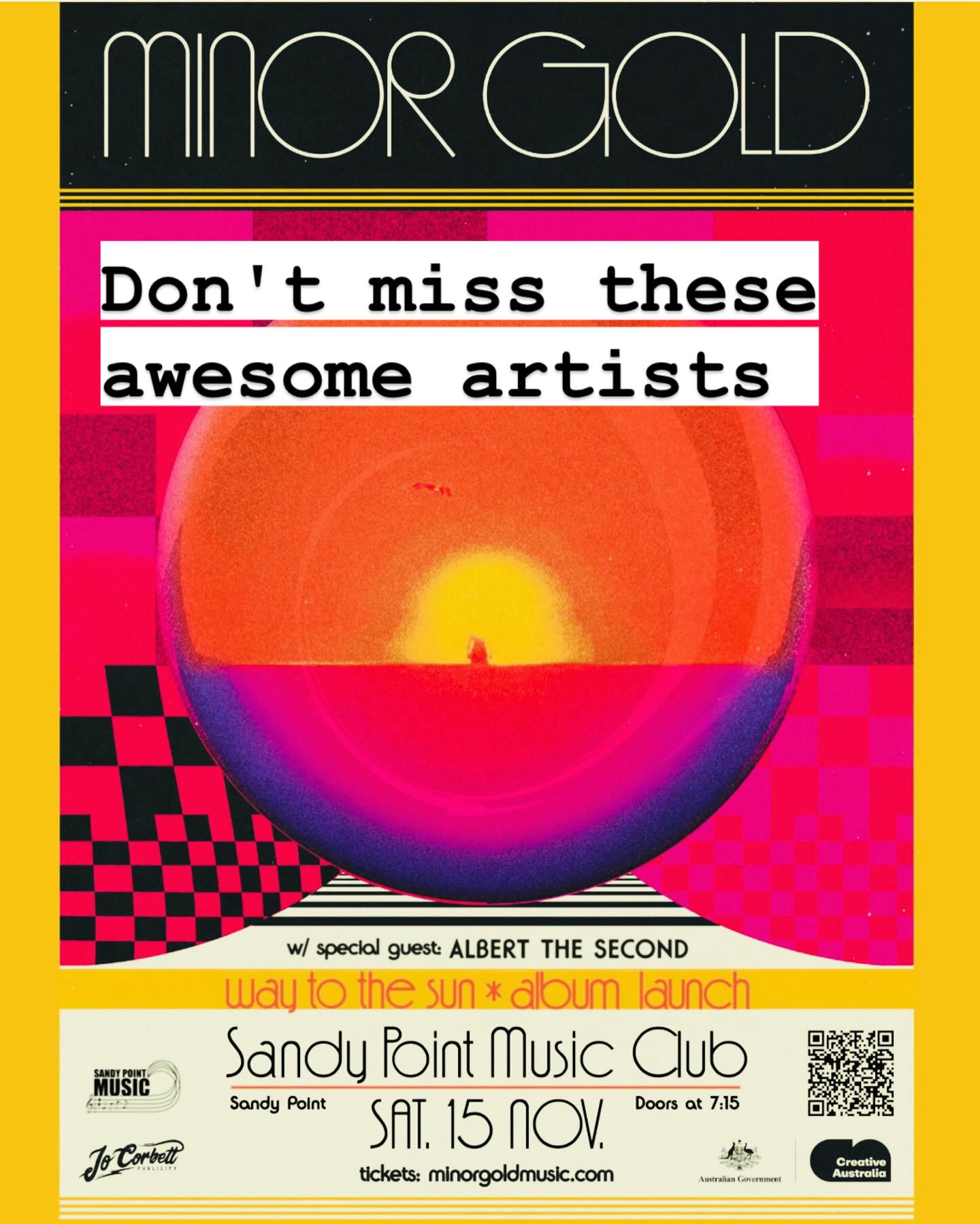 Saturday November 15 SPM presents MINOR GOLD with support Albert the Second. Tix on Trybooking or Sandypointmusic.com