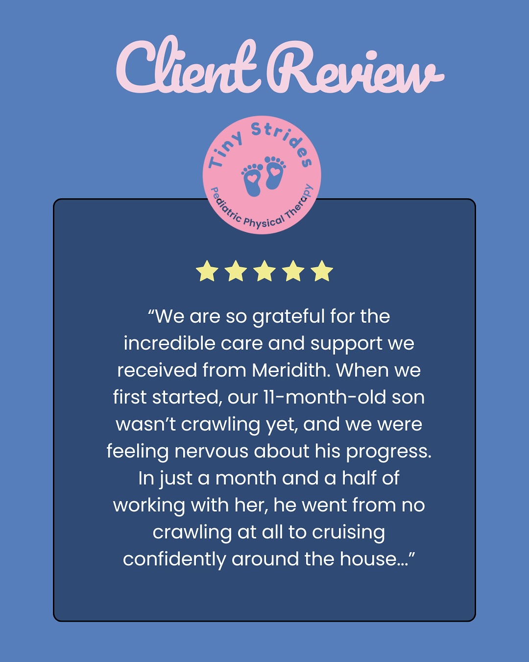 ✨ Another happy family and confident mover 👏🏼
As a mom, I know it is very important to feel confident when choosing providers for your child. I share these reviews to help parents feel confident when choosing a pediatric physical therapist.
I’m so grateful to all the families who trust me with their child’s care 🫶🏼
👋🏼 Hi, I’m Meridith — mom, pediatric PT, and owner of Tiny Strides. I help little ones across Greater Cleveland take tiny strides toward big milestones through play-based therapy. My mission is to help babies move confidently while giving parents the tools to support growth at home. 🫶🏼 Specialties: torticollis, head shape correction, gross motor delays. 💙