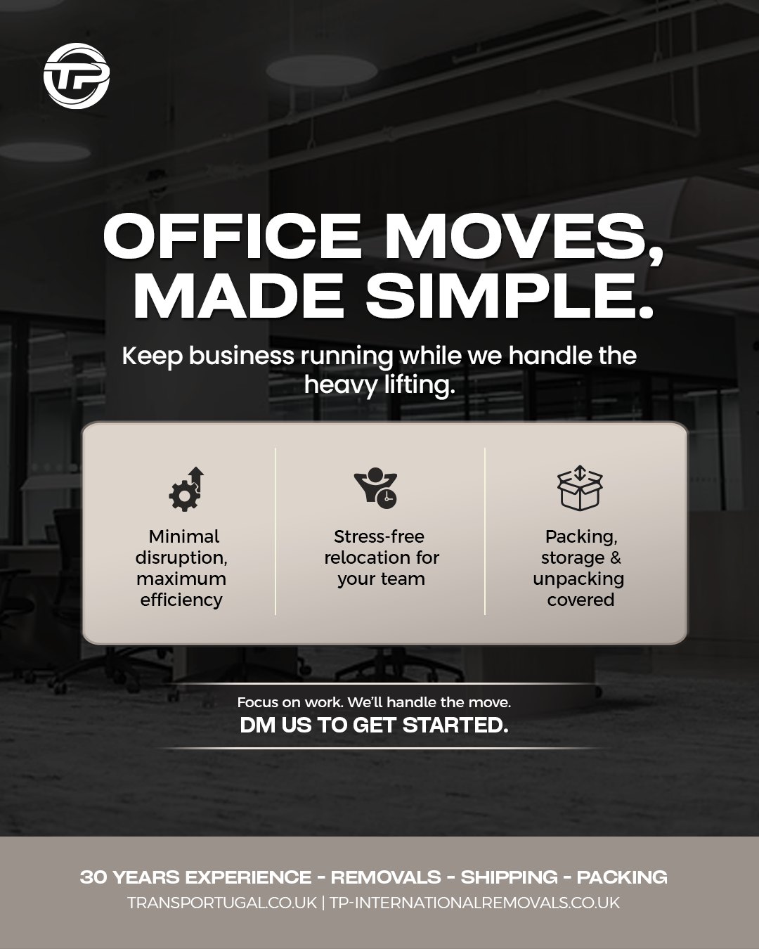 Office moves made simple ✅
From packing equipment to setting up in your new space our expert team makes business relocations smooth and efficient. We minimise downtime so you can focus on what matters most running your business.
✨ Reliable service, secure handling, professional care every step of the way.
📩 Contact us today to plan your office move with confidence.
Reach out to our team via phone or email with your specific requirements, and we'll be happy to assist!
🇬🇧 LONDON OFFICE
22-24 Homecroft Rd, London, N22 5EL, United Kingdom
0208 807 6677
🇵🇹 PORTUGAL OFFICE
Inter Luis
Estrada Nacional 10
Centro Empresario Sado Internacional
Armazem D21, 2910-835 Setúbal
00 351 265 708 240
info@tp-internationalremovals.co.uk
#relocationservices #movingcompany #shipwithus #movers #packingpros #transportation #movingday #shippingworldwide #relocationexperts #shipments #tpinternationalremovals #transportugal #shippingandhandling #movingtotheuk #packingandshipping #movingtoportugal #movewithus #easyshipping #movingsolutions #shippingmadeeasy #securepacking #movingtospain #storagesolutions #removalstoportugal #relocationready #movinghome #newoffice #fineart #vehicletransportation