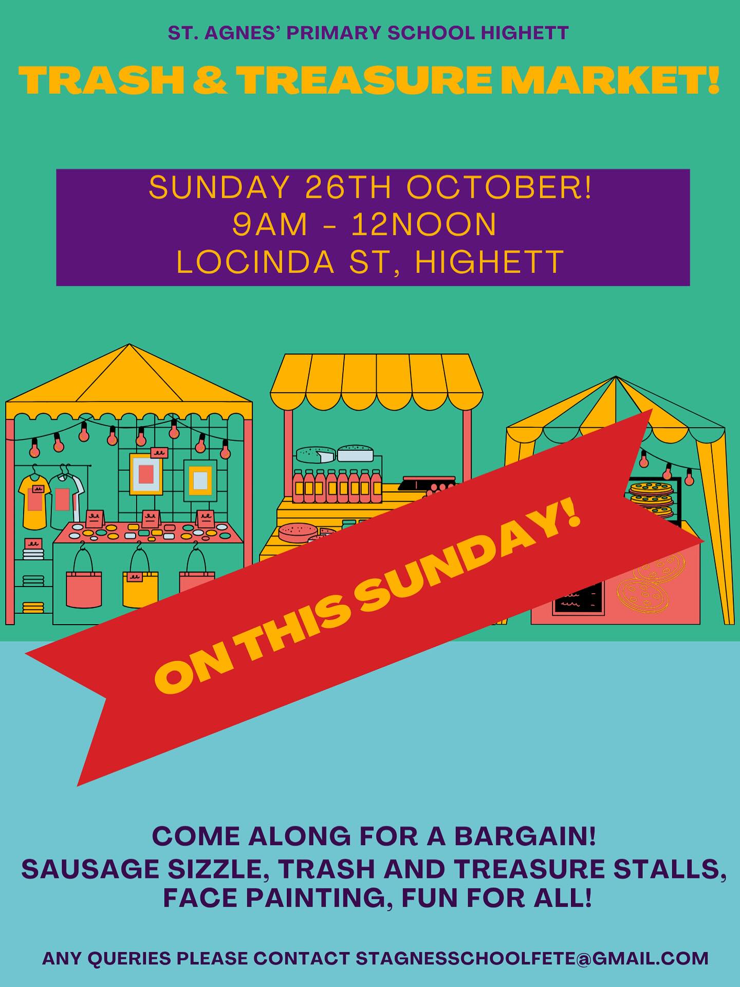 St Agnes Trash and Treasure Market is on this Sunday!
The weather might not be the best, but our market will go ahead in the warm school hall. Bring the family for Bacon and Egg Rolls, Sausage Sizzle, facepainting and cookie craft, along with lots of Treasure searching!