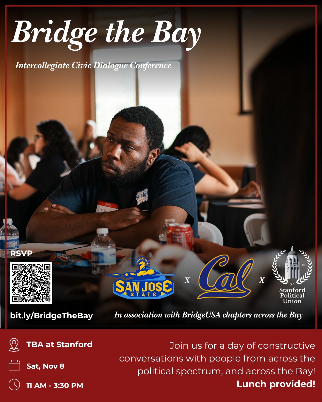 It's BRIDGE THE BAY time! Our annual intercollegiate conference hosted in collaboration with other @bridgeusa_ chpaters is a great platform for all students to meet folks with diverse perspectives on a range of contemporary issues. Come join us for an afternoon of fun and deliberation! RSVP at bit.ly/BridgeTheBay !!!