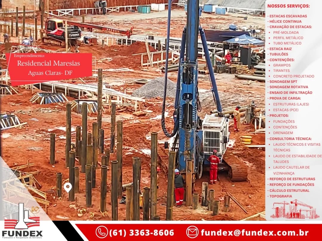 🚧 Fundação em andamento no empreendimento Maresias – Águas Claras/DF!
A Fundex marca presença em mais uma grande obra da Faenge Engenharia, executando o serviço de cravação de tubos metálicos com precisão, segurança e alto desempenho técnico. 💪
Com mais de 50 anos de experiência em fundações e contenções, seguimos firmes no compromisso de oferecer soluções completas em geotecnia, garantindo a solidez e o sucesso das construções dos nossos clientes.
📍 Empreendimento: Residencial Maresias – Águas Claras/DF
🏗️ Cliente: Faenge Engenharia
📞 (61) 3363-8606 | ✉️ fundex@fundex.com.br
🌐 www.fundex.com.br
#Fundex #FaengeEngenharia #Fundações #TubosMetálicos #Cravação #Geotecnia #Engenharia #ConstruçãoCivil #Brasília #ÁguasClarasDF #QualidadeFundex #obras