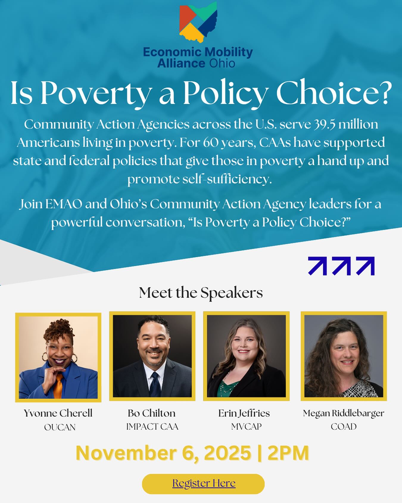 Community Action Agencies across the U.S. serve 39.5 million Americans living in poverty. For 60 years, CAAs have supported state and federal policies that give those in poverty a hand up and promote self-sufficiency. Join EMAO and Ohio’s CAA leaders on Nov. 6th, for a powerful conversation, “Is Poverty a Policy Choice?”
Visit EconomicMobilityOhio.org/CAA for registration details.
