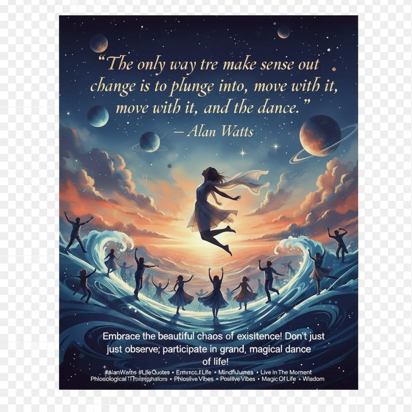 "The only way to make sense out of change is to plunge into it, move with it, and join the dance." - Alan Watts
Embrace the beautiful chaos of existence! Life isn't about finding solid ground, but about learning to dance on the waves of change. Every moment is a new rhythm, a fresh opportunity to sway with the universe. Don't just observe; participate in the grand, magical dance of life!
#AlanWatts #LifeQuotes #EmbraceChange #DanceOfLife #Mindfulness #SpiritualJourney #Inspiration #LiveInTheMoment #PhilosophicalThoughts #InnerPeace #PositiveVibes #MagicOfLife #Wisdom