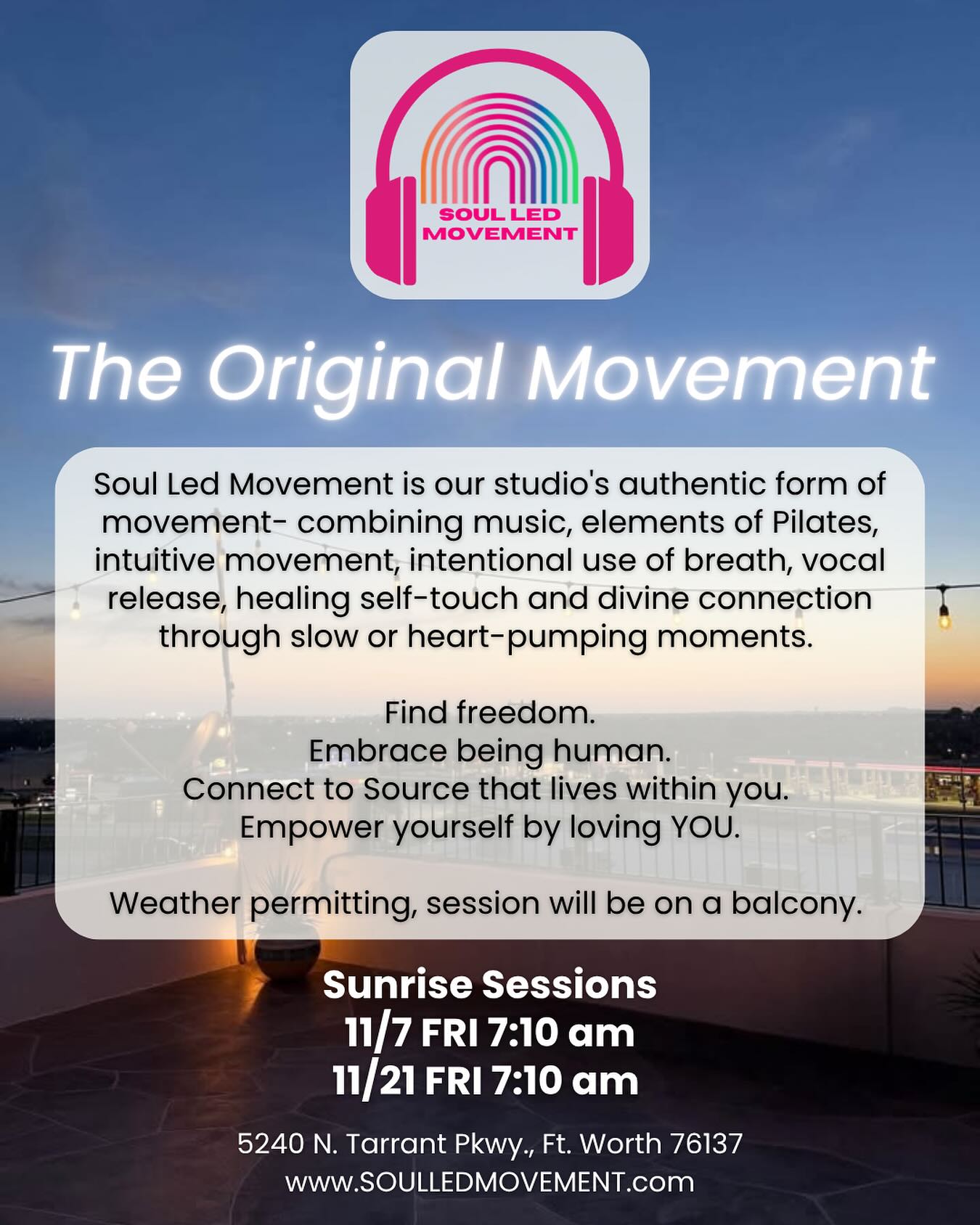 This is movement for THE MOVEMENT. 💃🏻✊🏽
Join us at sunrise on the balcony. 🌅
#soulledmovement #ftworth #dfw #freeyourself