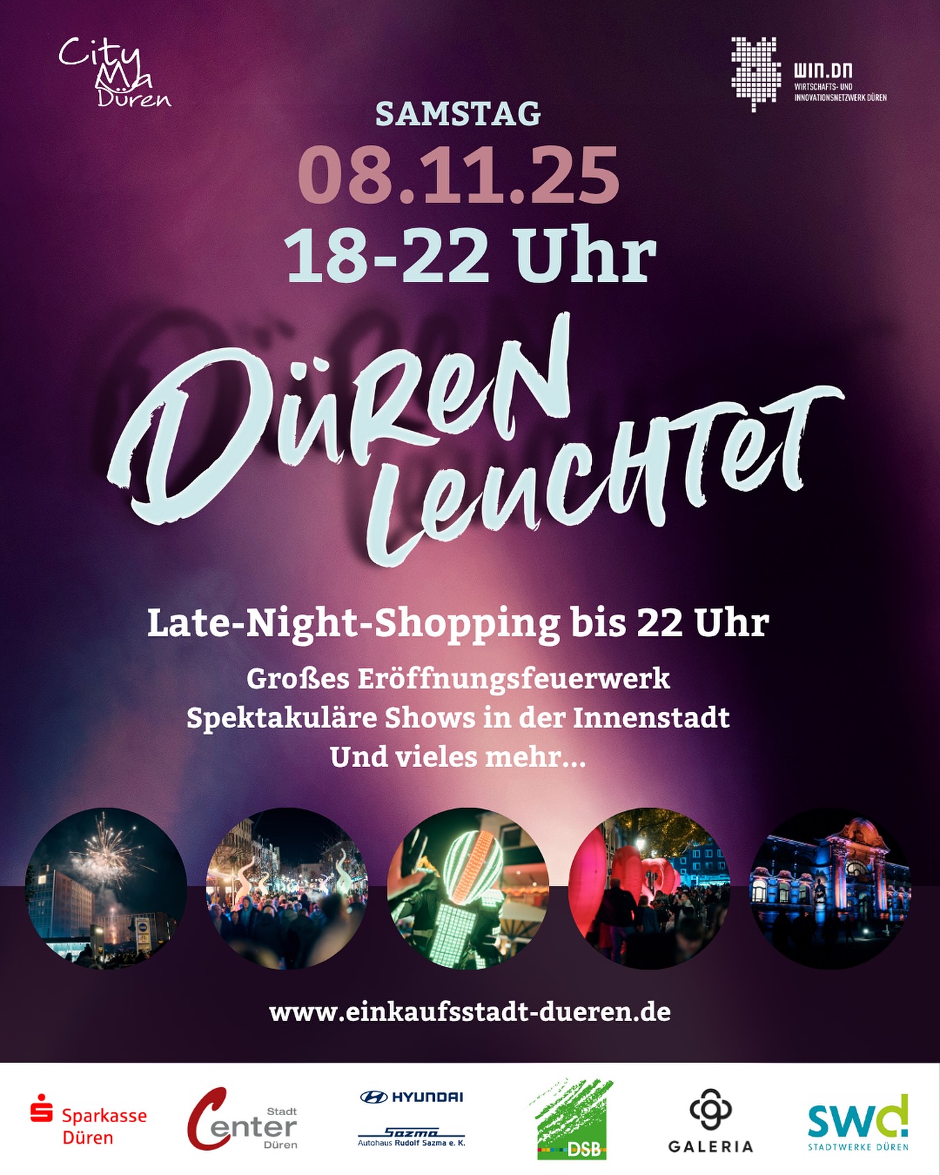 Düren leuchtet 2025 – „Lichtjahre voraus“! ✨
-
Am Samstag, den 8. November 2025, verwandelt sich die Dürener Innenstadt wieder in ein funkelndes Lichtermeer! 💫
Bis 22 Uhr laden die Geschäfte zum Late-Night-Shopping ein – begleitet von einer Atmosphäre, die wirklich galaktisch ist.
Unter dem Motto „Lichtjahre voraus“ erwartet Euch eine magische Erlebniswelt mit:
🌟 einem spektakulären Eröffnungsfeuerwerk
🌟 beeindruckenden Shows & Performances
🌟 der monumentalen Lichtfigur VECTOR (8 Meter groß – aus der DUNDU-Familie)
🌟 mitreißender Akrobatik und Trampolinshows
🌟 einer atemberaubenden Lasershow
…und noch vielem mehr!
👉 Alle Infos findet ihr hier: einkaufsstadt-dueren.de/dueren-leuchtet-2025
@skdueren @stadtdueren @stadtcenterdueren @autohausrudolfsazma @duerener_service_betrieb @galeria.de.official @stadtwerke_dueren_swd
#DürenLeuchtet #LichtjahreVoraus #LateNightShopping #Düren2025 #EinkaufsstadtDüren