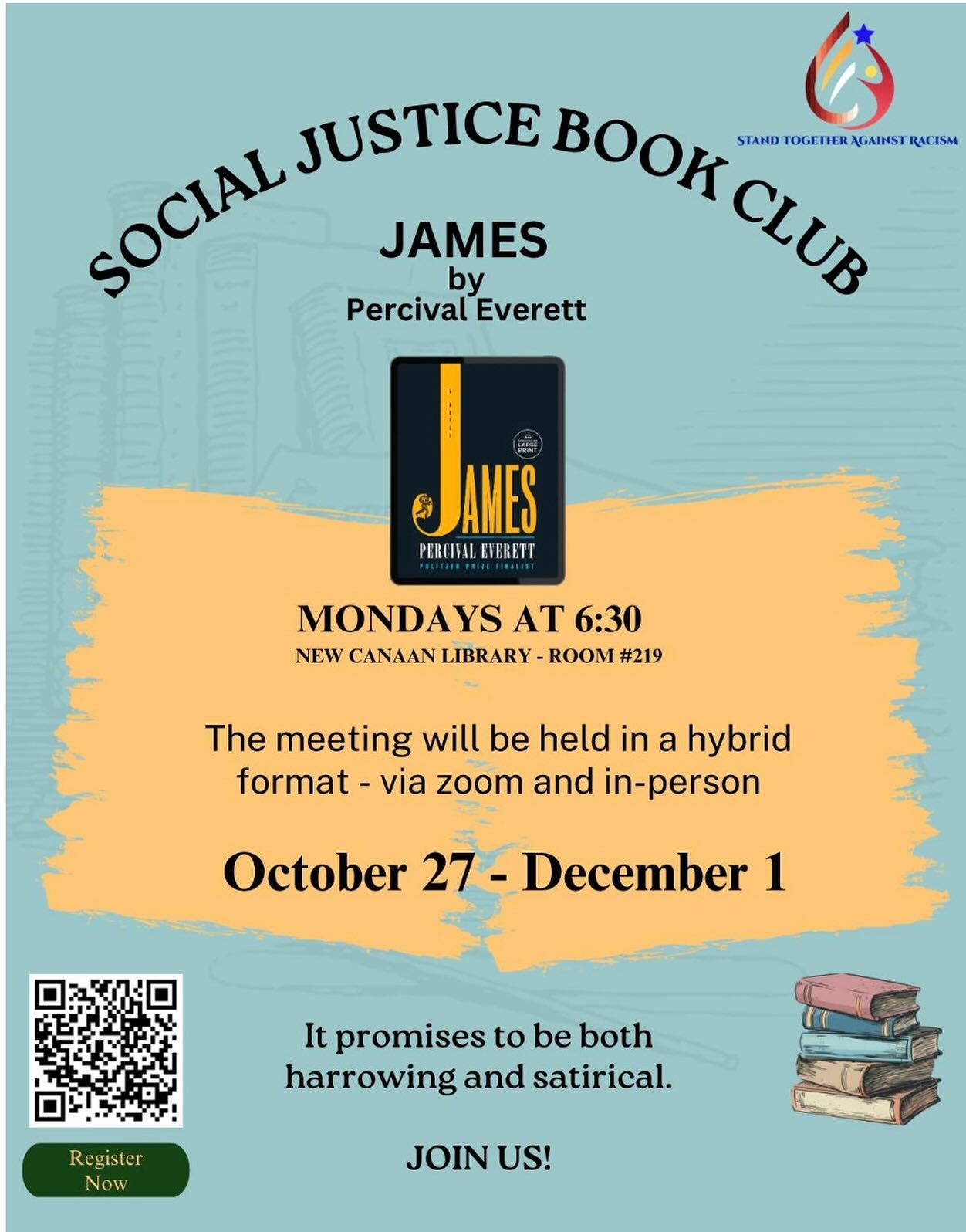 Looking forward to seeing everyone who can make it in-person starting next Monday, October 27, at the New Canaan Library in room #219 or via Zoom.
Per the NYT, “the novel is a re-imagining of Adventures of Huckleberry Finn by Mark Twain but narrated by Huckleberry’s friend on his travels, the fugitive slave Jim, rather than by Huck, as in the original. The novel won the 2024 Kirkus Prize, the National Book Award for Fiction, and the 2025 Pulitzer Prize for Fiction.”
We hold book club meetings in chapters starting at 6:30 pm each meeting. :
October 27 - Chapters 1-7
November 3 - Chapters 8-16
November 10 - Chapters 17-24
November 17 - Chapters 25-32
November 24 - Part 1
December 1 - Part 2
The library has a couple of books on hand for those who don’t have them.
The books are located under the book group’s name (STAR Book Club) on the lower shelves of the HOLDING area at the library.
The book needs to be checked out by a librarian, and cannot be put on hold.
See you there for a lively discussion.