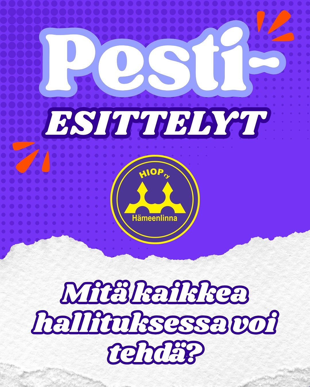 Jos hallitustoiminta kiinnostaa, kannattaa lukaista millaisia pestejĂ€ hallituksessa on tarjolla đ TĂ€ssĂ€ julkaisussa on jokaisesta pestistĂ€ kootut tiedot.
Huomatkaa, ettÀ hallituspestejÀ voi keksiÀ lisÀÀ sen mukaan mitÀ hallituslaiset haluavat tehdÀ!
Vastaamme ilomielin kaikkiin kysymyksiin pesteistĂ€ ja yleisesti hallitustoiminnasta, joten laita rohkeasti viestiĂ€! MeidĂ€ tavoittaa parhaiten sĂ€hköpostitse tai Instagramin yksityisviestillĂ€ đ©
Vaikka et juuri nyt tietĂ€isi mitĂ€ haluaisit tehdĂ€, mutta hallitustoiminta kiinnostaa, kannattaa silti hakea. Voimme yhdessĂ€ rakentaan pestin, joka sopii juuri sinulle đ„°
Voit hakea hallitukseen lÀhettÀmÀllÀ hakemuksen sÀhköpostiin hallitus.hiop@gmail.com.