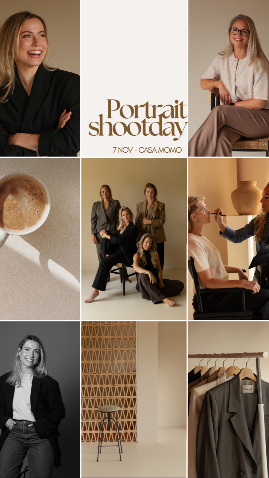 Portrait Shootday
Vrijdag 7 november
Wil jij jouw zichtbaarheid versterken met professionele portretfoto’s? Tijdens de Portrait Shootday creëren we in korte tijd beelden die direct inzetbaar zijn voor je website, LinkedIn en andere kanalen.
Omdat we werken met tijdsloten, profiteer je van een scherp tarief en toch van persoonlijke aandacht. Zo haal je in een compacte sessie het maximale resultaat.
Wat kun je verwachten:
Visagie touch-up (30 min): een lichte finetuning zodat je stralend voor de camera staat.
Fotoshoot van 30 minuten met begeleiding bij poses.
Persoonlijke fotogalerij waarin je zelf je favorieten kiest. Je ontvangt 6 zorgvuldig bewerkte beelden, direct klaar voor gebruik.
Inspirerende locatie met diverse settings en props.
Koffie, thee en iets lekkers om ontspannen te starten.
Optioneel stylingadvies inclusief moodboard, voor extra voorbereiding en zelfvertrouwen.
Efficiënt, professioneel en resultaatgericht.
Vrijdag 7 november 2025
€290,- ex btw
Boek direct via link in bio en geef aan welke tijd je voorkeur heeft.
🤍