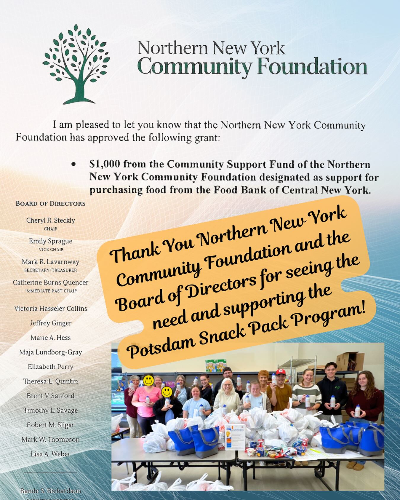 🎉 Thank you, Northern New York Community Foundation! 🎉
We’re so grateful to receive a $1,000 grant from the @nnycommunityfoundation to support our Snack Pack Program! These funds will be used to purchase food through the @foodbankofcny, helping us continue to provide healthy, reliable weekend food to students in the Potsdam Central School District.
Every donation helps us fight childhood hunger and ensure that local kids have the nourishment they need to learn and thrive. 💙
#SnackPackProgram #PotsdamNY #CommunitySupport #ThankYou #NNYCF #FightingChildhoodHunger