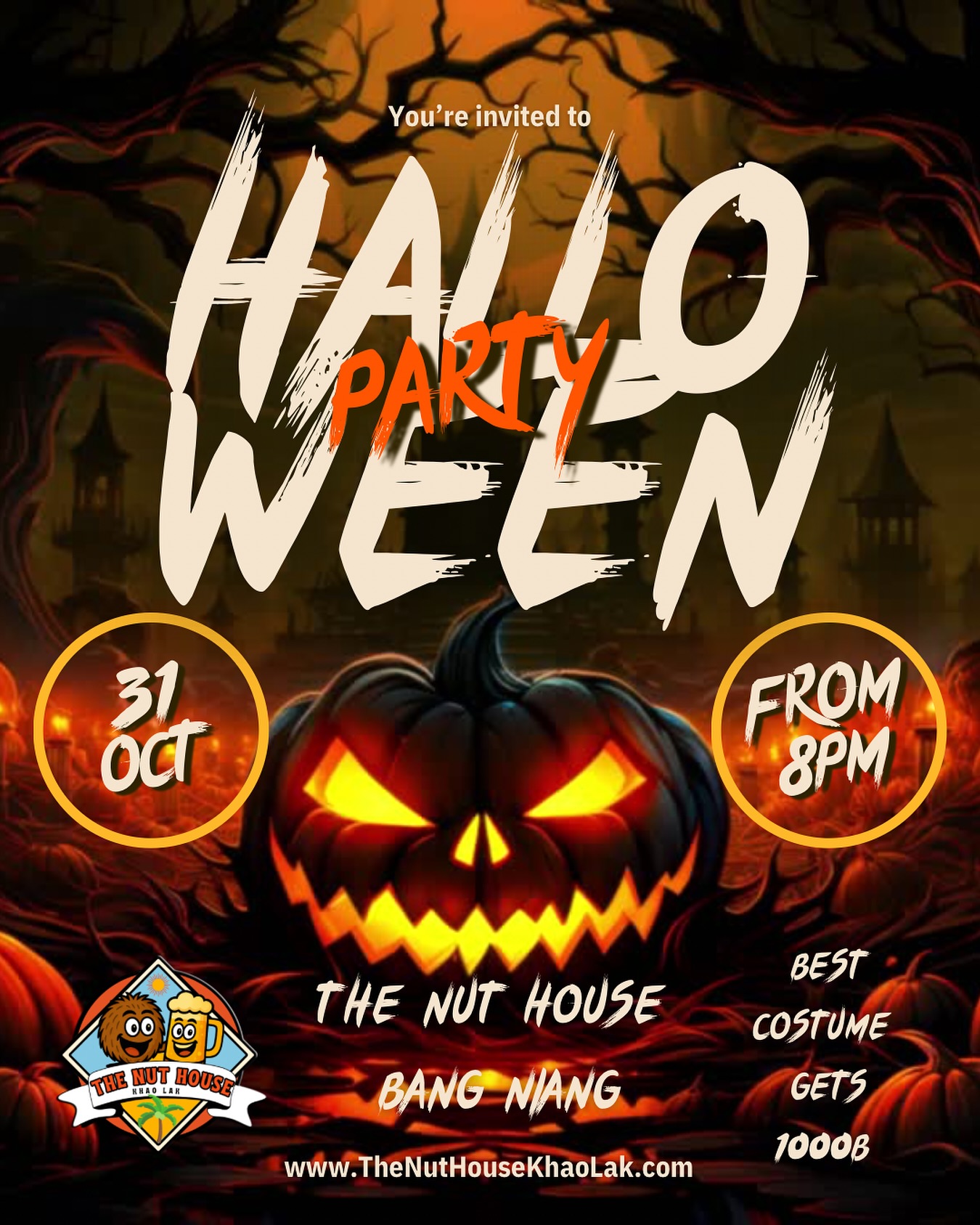 🎃 HALLOWEEN NIGHT at The Nut House Khao Lak 🎃
Friday, October 31st from 8PM, join us for a Halloween night made for the grown-ups — good drinks, good tunes, and a few dark twists along the way.
🍸 Bloody cocktails & deadly shots all night long
🎱 Friday Pool Competition still on – same fun, just with a Halloween edge
🧛♀️ Best Dressed wins 1,000฿ cash – come sharp, spooky, or stylish
🎶 Music, drinks, and a great crowd till late
No gimmicks, just a solid night out with a Halloween vibe.
📍 The Nut House Khao Lak
🕗 Friday 31st October | From 8PM
www.TheNutHouseKhaoLak.com
#HalloweenKhaoLak #NutHouseKhaoLak #KhaoLakNightlife #PoolComp #BestDressed #KhaoLakEvents #FridayNight #BloodyCocktails