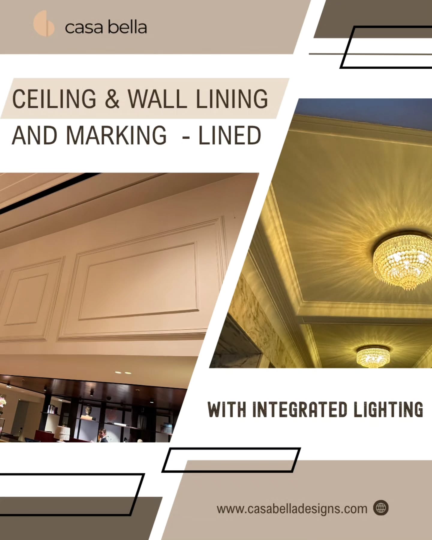 Transform your interiors with Casa Bella’s elegant ceiling and wall lining — where design meets detail. ✨ Enhance every corner with integrated lighting that adds warmth, depth, and sophistication to your space.
Visit our page and follow for more
#CasaBellaDesigns #InteriorDesign #WallLining #CeilingDesign #LuxuryInteriors #HomeDecorInspo #LightingDesign #ModernInteriors #DesignInnovation #ArchitecturalDesign