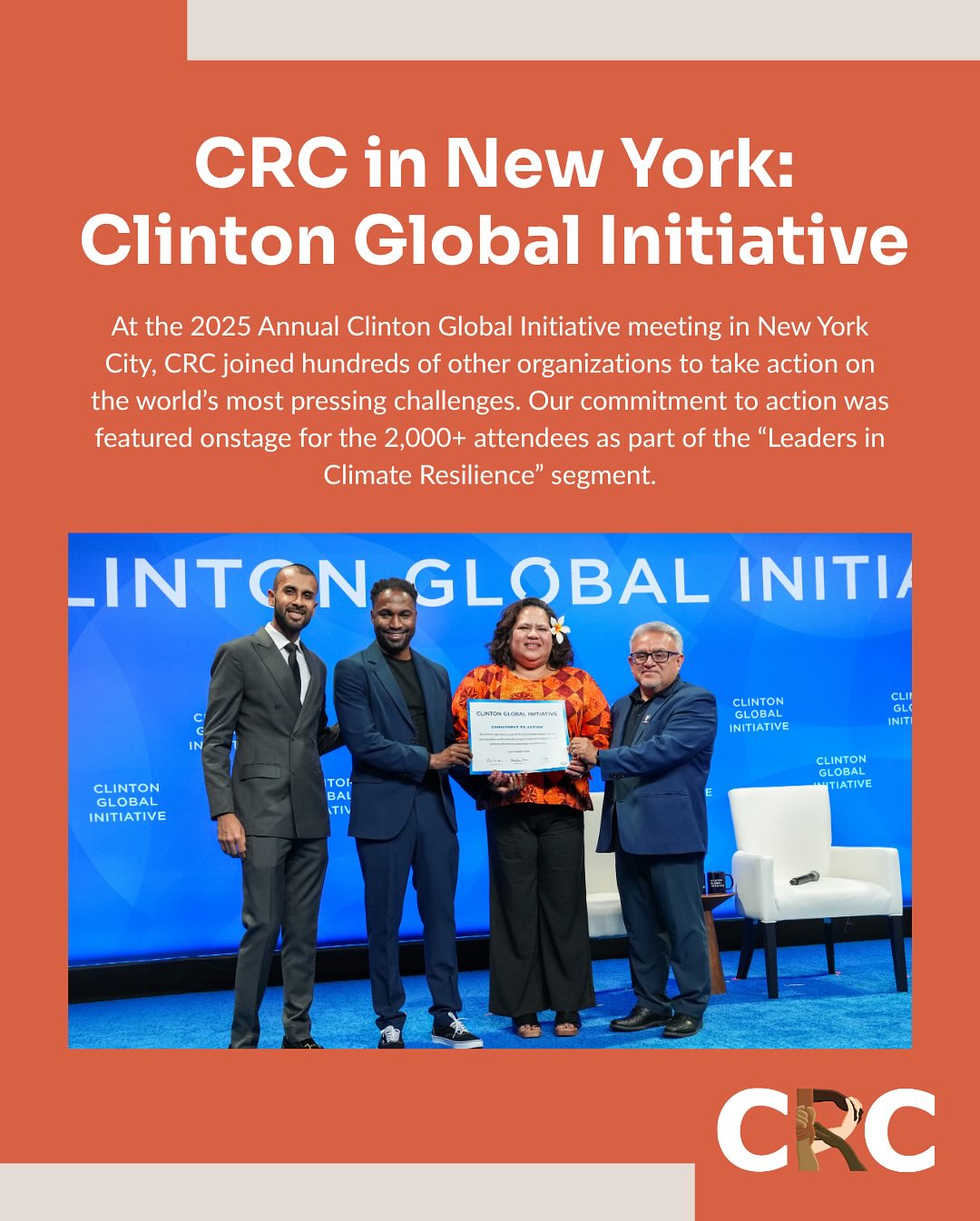 CRC has been on the move!! At the 2025 Annual Clinton Global Initiative meeting in New York City, CRC joined hundreds of other organizations to take action on the world’s most pressing challenges. Our commitment to action was featured onstage for the 2,000+ attendees as part of the “Leaders in Climate Resilience” segment.
Our Resilient Homes program, a foundational part of CRC’s mission, was on display for future supporters and donors to explore. We’re incredibly grateful for this opportunity to represent our communities on a global stage, and to the @clintonfoundation for believing in our mission and communities.
Stay tuned to see what we get up to next! #cgi2025
