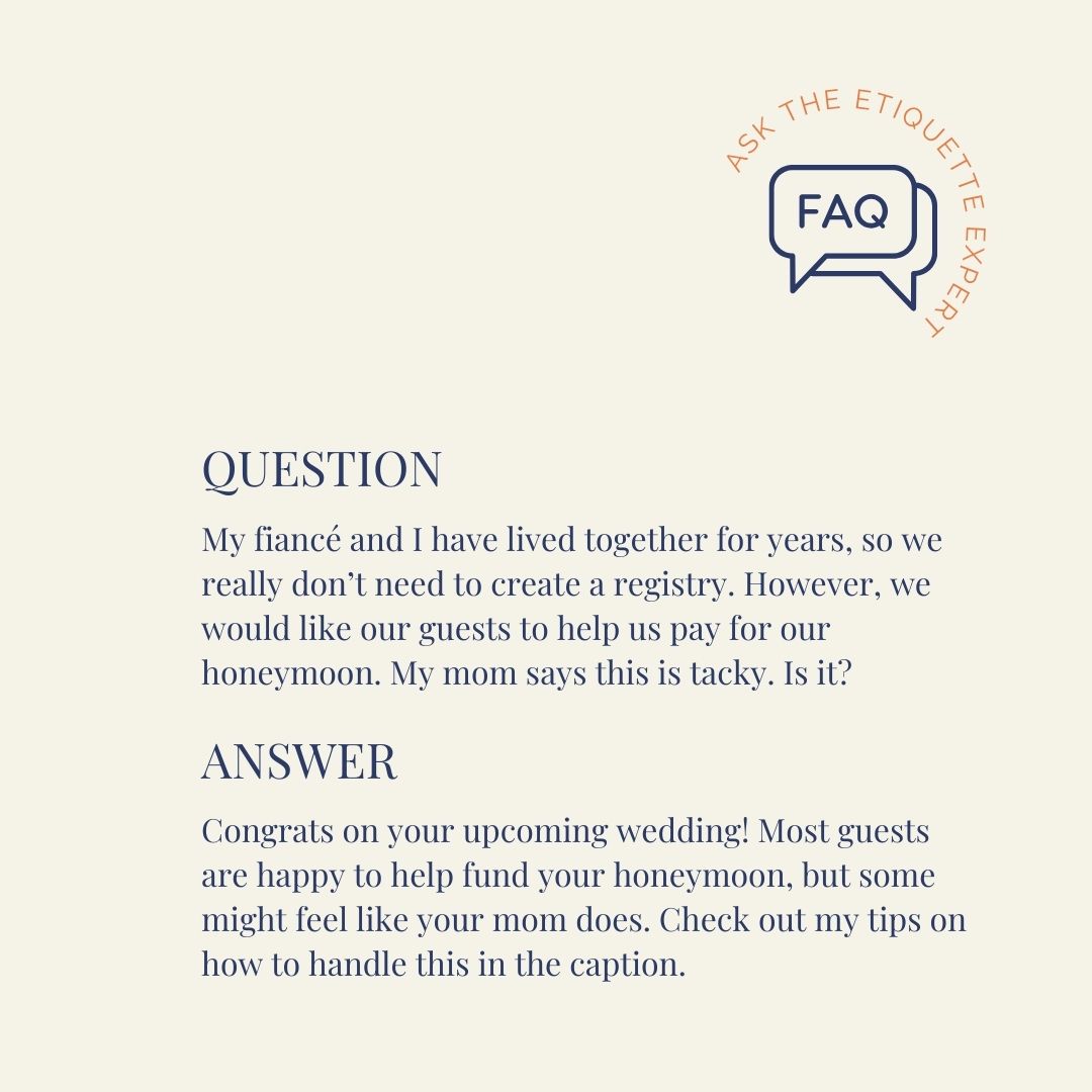 This question has come up a few times this month, and Iâm guessing itâs one that many couples planning a wedding with someone from a different generation can relate to. Asking for money outright can feel a little grab that dough (wink if you get the Golden Girls reference).
The key is honesty. Let guests know how you plan to use the money.
If you can also create a registry for a few gifts, thatâs even better.
đ
#WeddingEtiquette #Wediquette #WeddingPlanning #EtiquetteTips #ThePoliteCompany #EtiquetteWithKristi