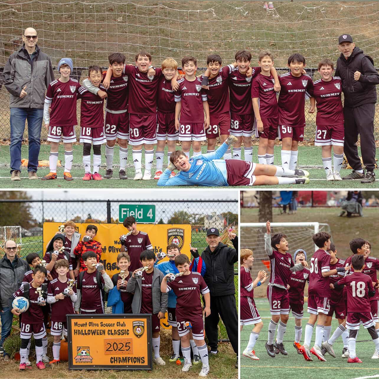U12 Bilbao players raised their championship trophies for winning their bracket at the Mount Olive Halloween Classic this past weekend. The team, led by Coach Igor, erased a three-goal deficit before cruising to a 4-3 victory. Collage credit: Alex Levkov (Ron’s dad)