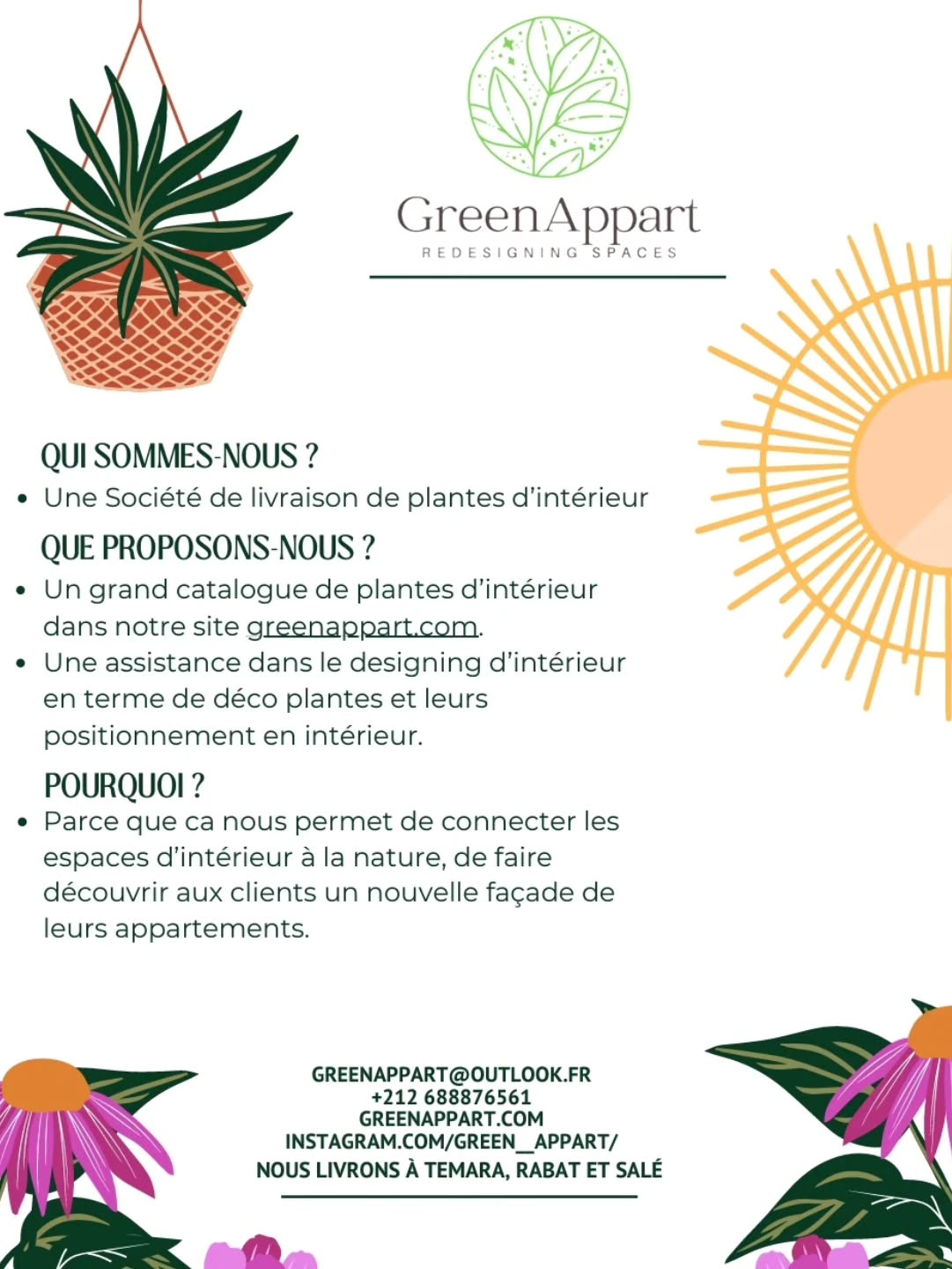Envie d’un intérieur plus vert qui respire la nature ? 🌿✨ Découvrez GreenAppart, votre partenaire de confiance pour apporter la magie des plantes d’intérieur jusque chez vous à Rabat, Salé et Témara !
Des plantes pour tous les styles, des conseils personnalisés pour sublimer vos espaces, et la promesse d’un service rapide et soigné. 🌱
Reconnectez-vous à la nature et donnez vie à vos pièces !
Commandez vite sur greenappart.com ou contactez-nous en DM.
Quelle plante d'intérieur aimeriez-vous recevoir chez vous?
#plantesvertes #plante #rabat #temara #plantes
