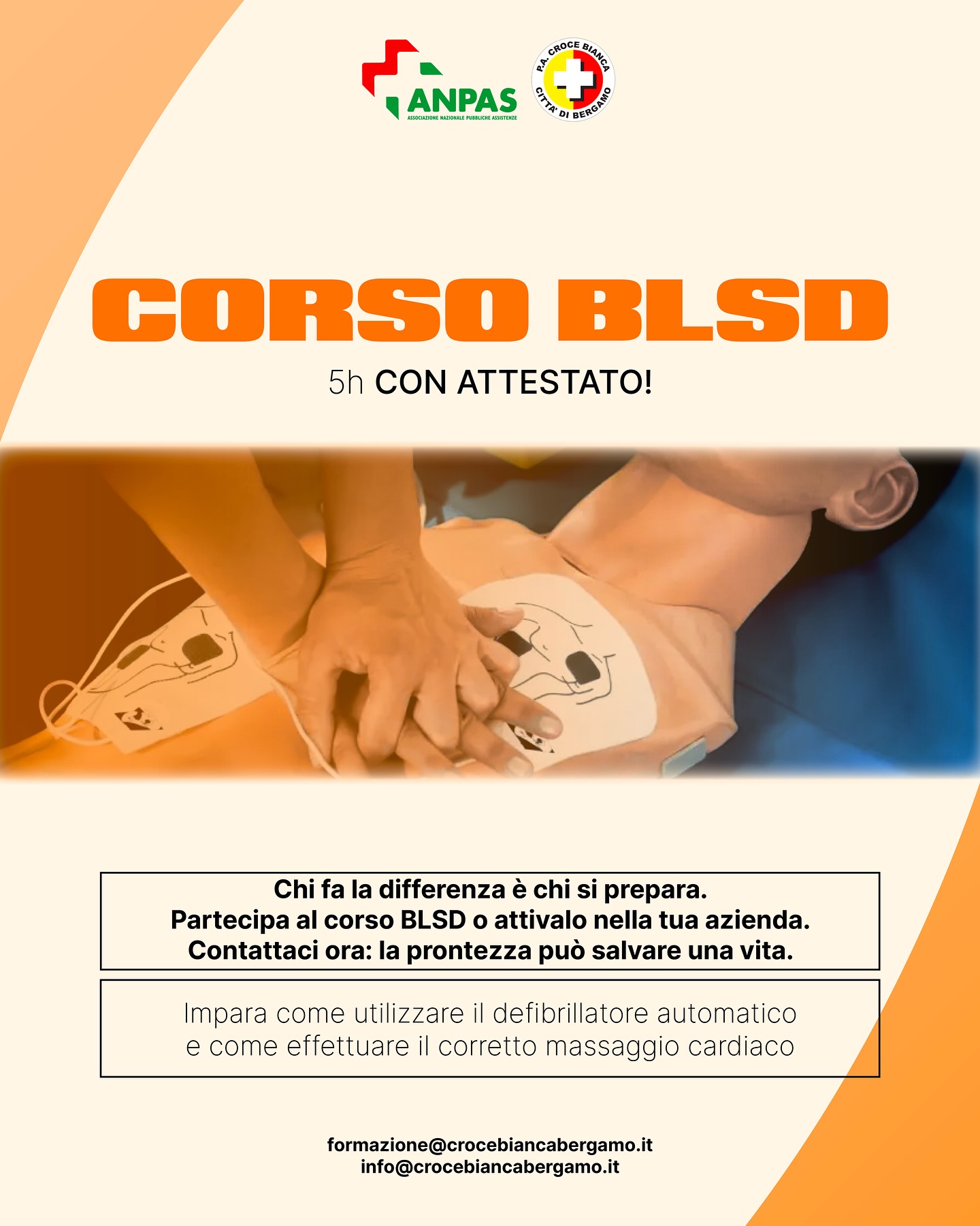 Imparare a intervenire salva vite.
Ogni giorno formiamo persone, aziende e operatori con corsi BLSD e di primo soccorso, aperti a chiunque voglia essere pronto in caso di emergenza.
I nostri istruttori certificati guidano corsi pratici, concreti e aggiornati.
Se vuoi organizzarlo per la tua azienda o nel tuo
Comune, contattaci a
formazione@crocebiancabergamo.it
#CroceBiancaBergamo #BLSD #PrimoSoccorso #formazione #volontariato
