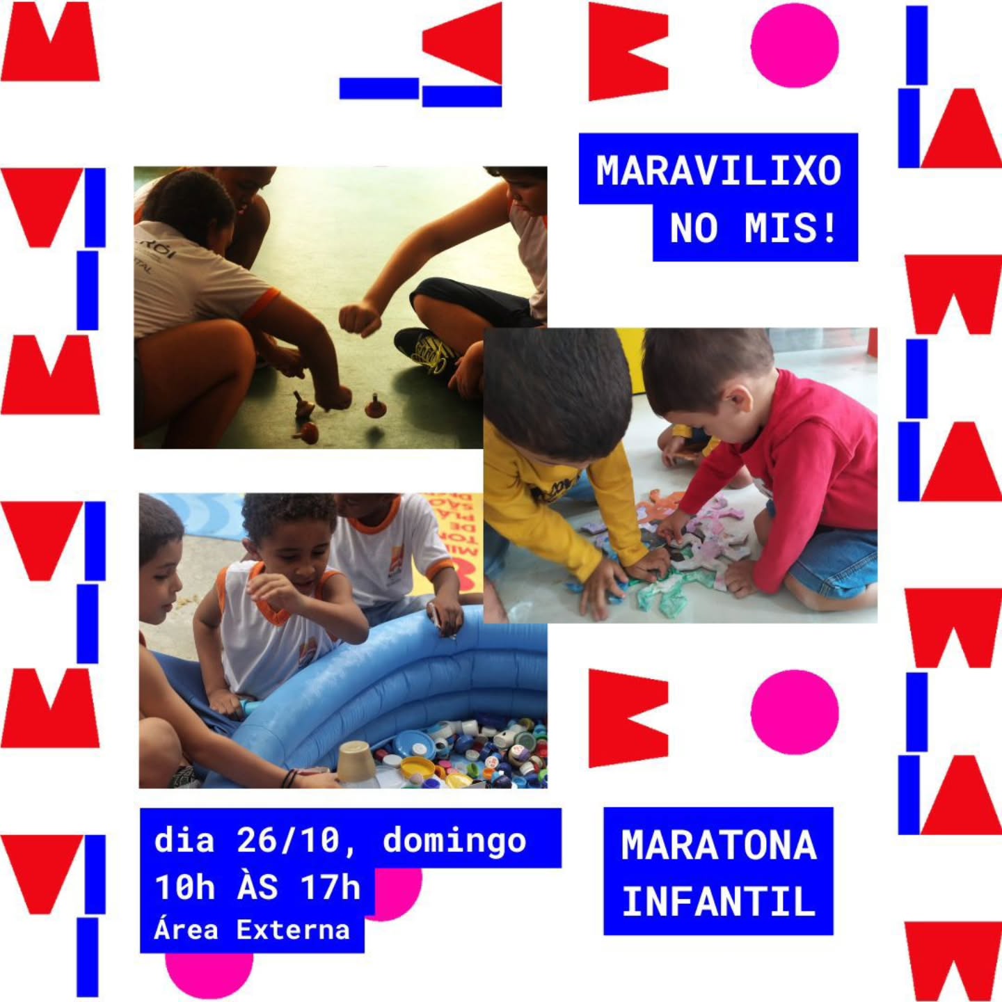 Neste domingo, dia 26/10, a #maravilixo participa da Maratona Infantil do @mis_sp !
Um dia inteiro de programação gratuita voltada especialmente às crianças, com atividades, oficinas, brincadeiras, jogos, apresentações e filmes pensados para serem aproveitados pelos pequenos e suas famílias!
O tema desta edição é "Uni, duni, tê" e celebra o mês das crianças através da tradição de brincadeiras atemporais.
A maravilixo estará com uma atividade entitulada "Consciência Ambiental e Brinquedos Reciclados" em que serão disponibilizados alguns brinquedos feitos a partir da reciclagem de resíduos plásticos pós-consumo com nosso maquinário #preciousplastic, para que as crianças presentes na Maratona possam brincar aprendendo ou aprender brincando! 😄♻️
Venham com a família toda nos encontrar neste domingo de calor em São Paulo!!
▶️ Dia 26.10, domingo
🕒 Das 10h às 17h
🟢 GRATUITO
