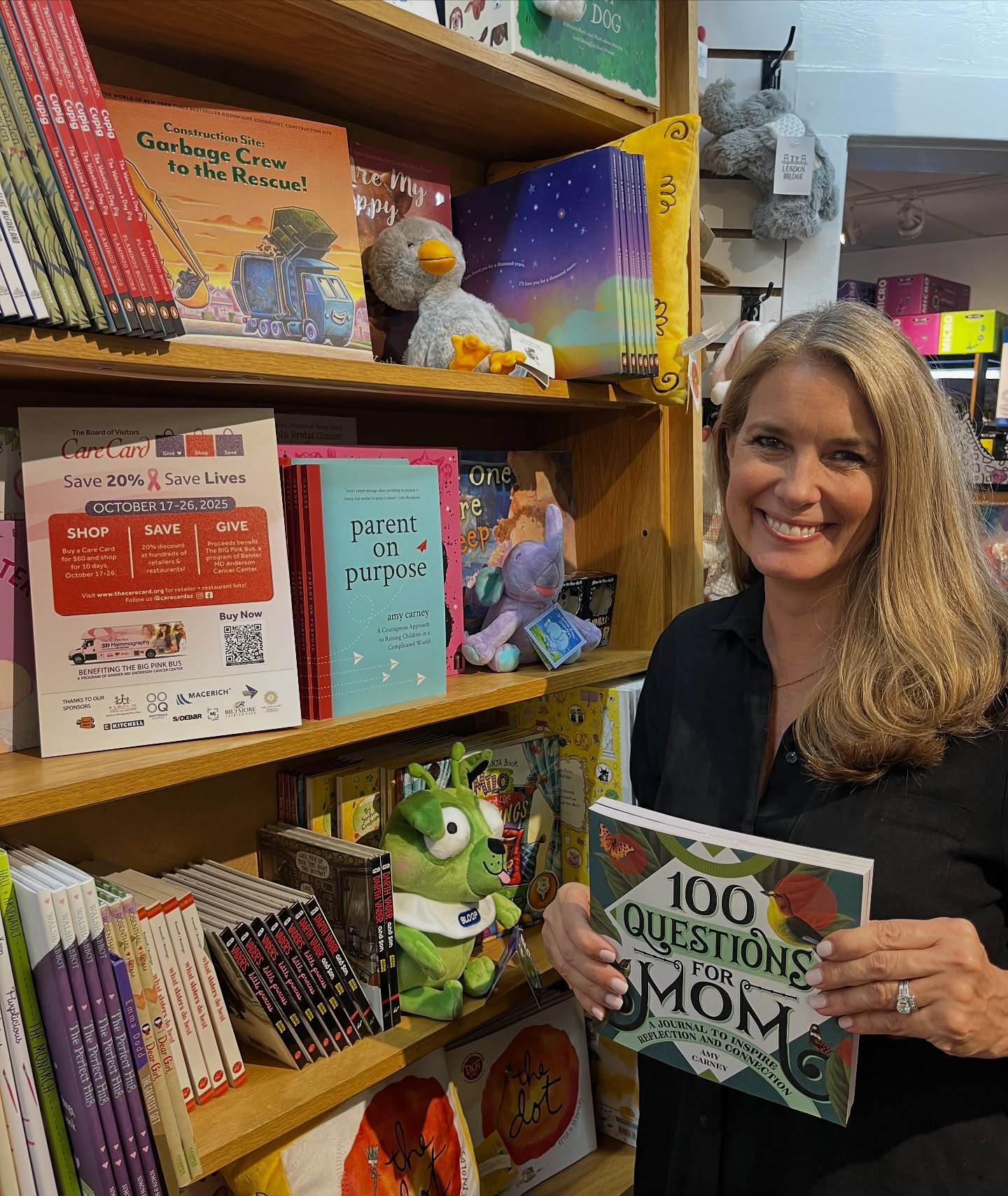 AZ Friends! Now’s the perfect time to shop local and save! Through this Sunday, October 26, you can get 20% off my books—and almost everything @kidstoptoys —when you use your @carecardaz
If you’re not familiar, the Care Card is the Board of Visitors fundraising initiative that supports the Big Pink Bus, a mobile imaging program of Banner MD Anderson Cancer Center.
You buy the card once, and it gives you discounts at lots of local businesses while supporting a great cause!
So grab your Care Card, stop by Kidstop Toys & Books and shop small, and early, for your holiday gifts!