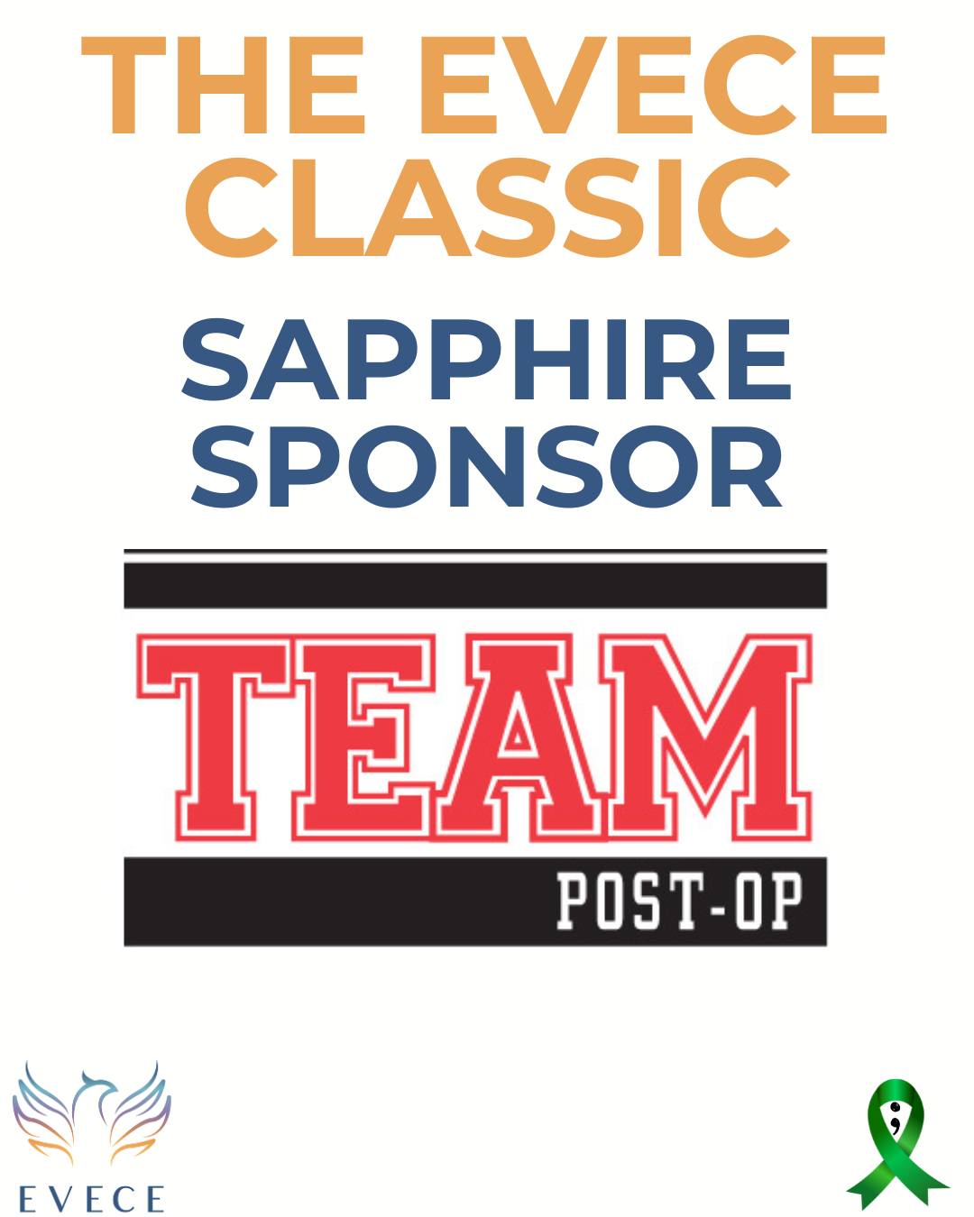 💎 A heartfelt thank-you to our Sapphire Sponsor, Team Post-Op!
Your support helps us continue shining a light on mental health awareness and community care. 💛
We’re so grateful to have you walking beside us in this year’s EVECE Classic ⛳💚