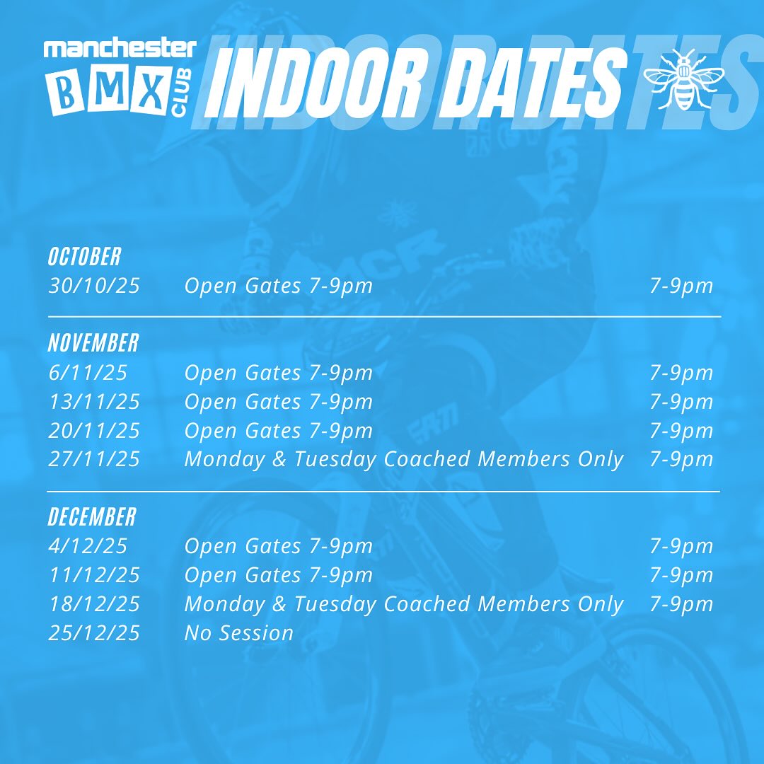 MBMX Thursday gates at the indoor are back!!!! Starting on the 30th of October 2025 through till the end of March 2026, no booking needed, just turn up, pay and ride. PLEASE NOTE the last Thursday of each month starting from November is for MBMX Monday and Tuesdays coached riders only so please don't travel on these dates as you won't be able to ride.