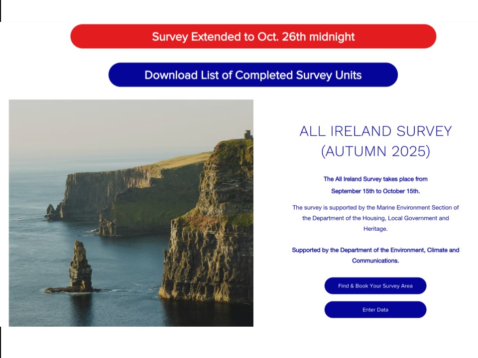 Two Important things to remember as we enter the weekend:
1. Don't Forget to Vote!
2. Get out and finish a few more survey units before Sunday night!
(Especially those on the west coast!)
https://www.coastwatch.org/all-ireland-survey-autumn-2025
We are so happy to announce that Citizen Scientists have officially surveyed 501 units around the country! Thank you to all who participated for all of your hard work! Every unit counts!
