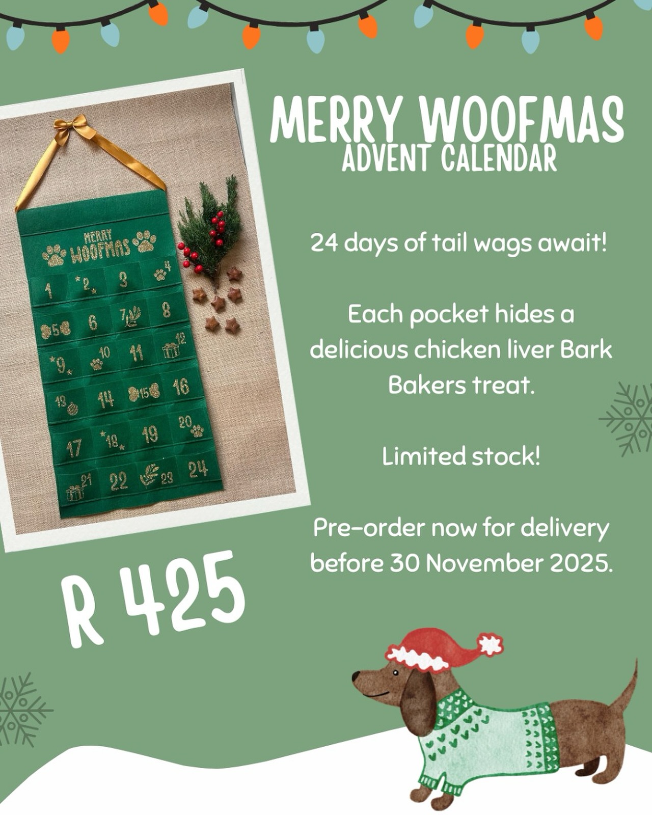 🎄 COUNTDOWN TO CHRISTMAS 🎄
Our gorgeous advent calendars are reusable, hand crafted and filled with 24 delicious chicken liver treats!
Order yours at @thebarkbakers or @zoomiesclub25.
🎄 Ships ahead of 30 November 2025 - limited stock, don’t wait! 🎄