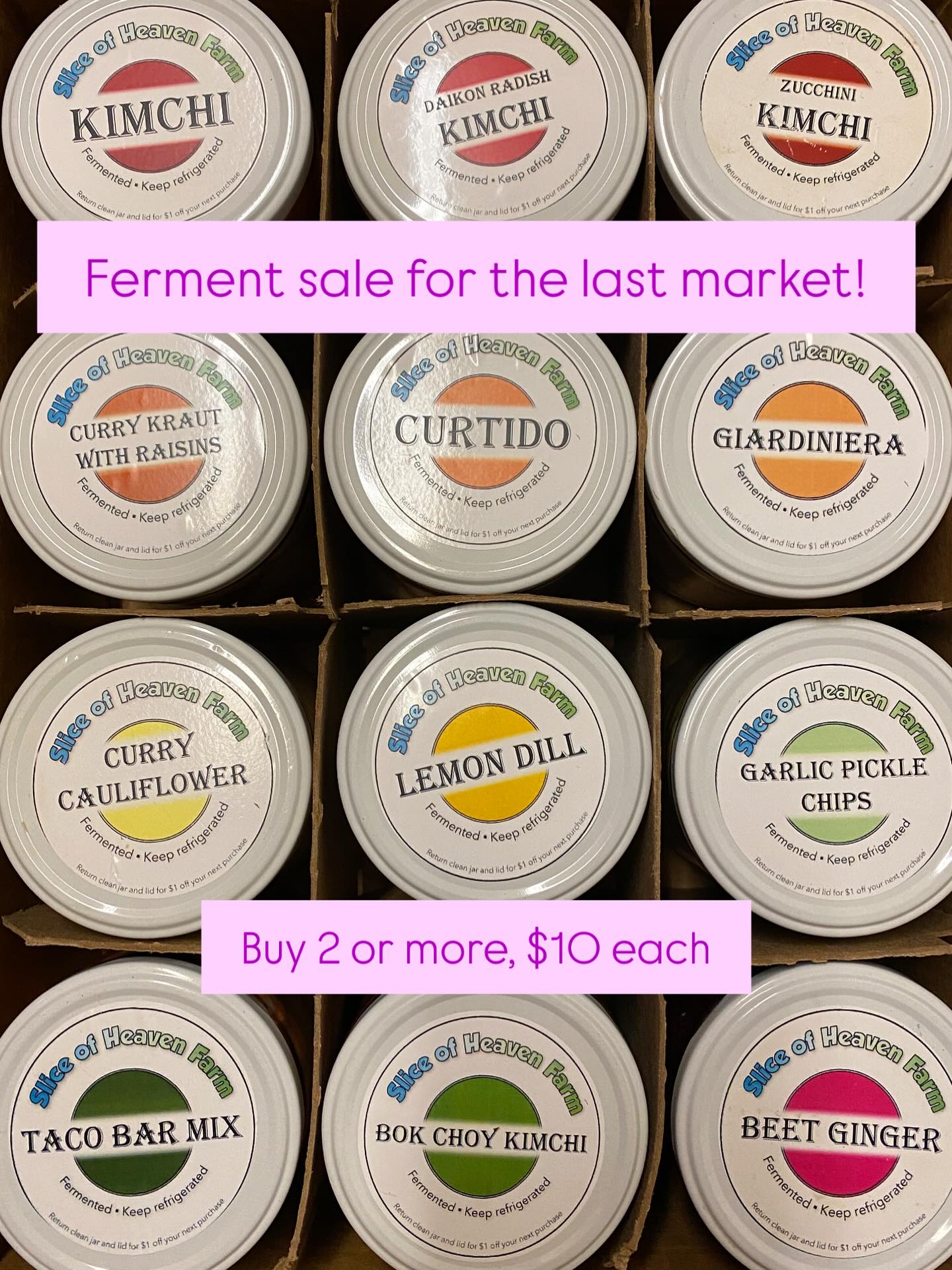 We have our full lineup at all 12 of our ferments available this weekend at the @greshamfarmersmarket. It’s the last farmers market of the year for us. First come, first serve. #sliceofheavenfarm
