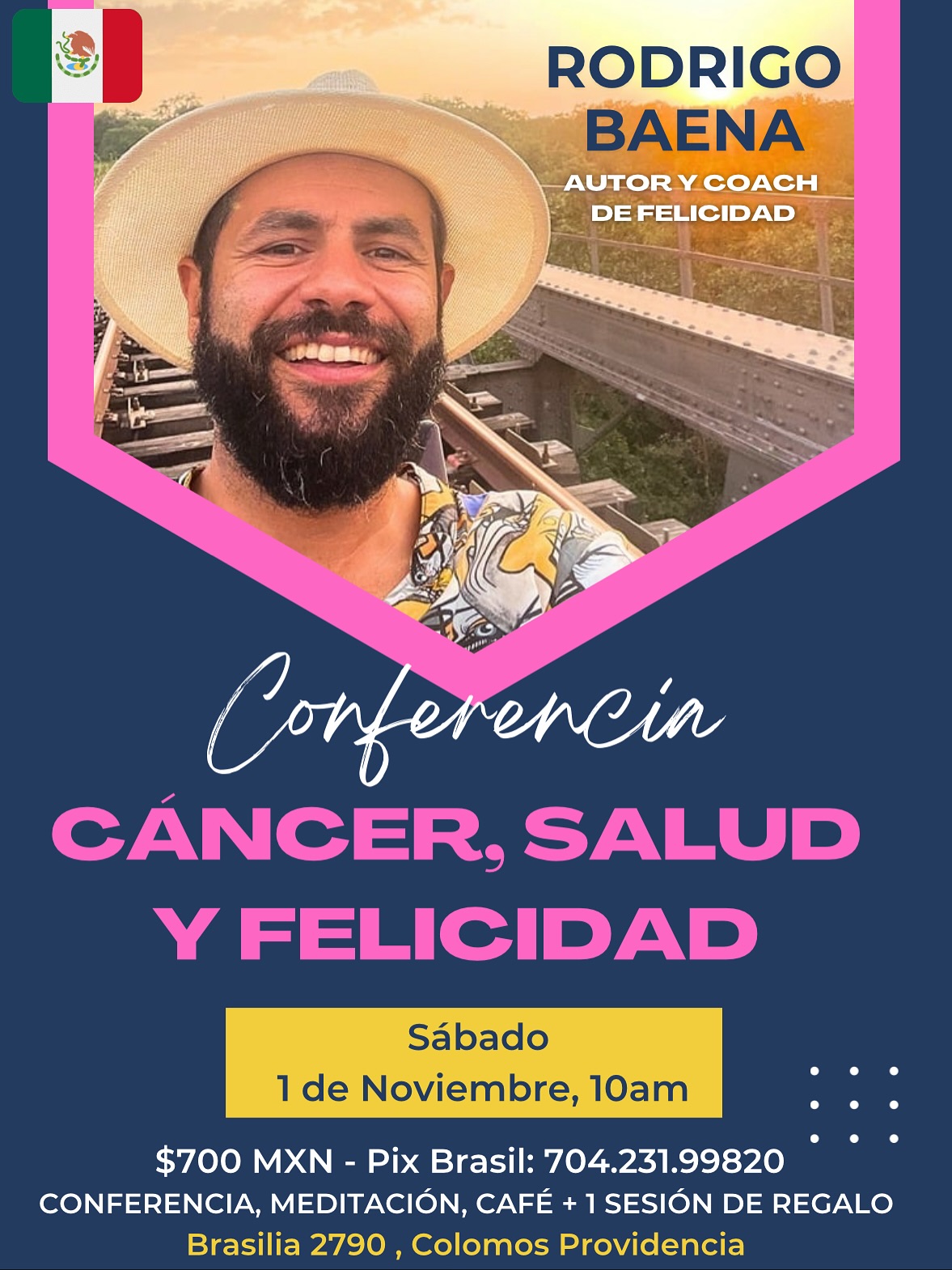 ✨ Um convite de coração — Guadalajara, 1 de Novembro ✨
Com muita alegria e propósito, convido você para o primeiro evento em Guadalajara, um encontro íntimo e transformador — um espaço de cura, reflexão e conexão profunda com a vida.
Será uma manhã especial, onde abriremos com uma meditação guiada, seguida da palestra “Câncer, Saúde e Felicidade”, um tema delicado e essencial.
Vamos falar sobre a relação entre o corpo, as emoções e a alma, sobre o poder do humor, da esperança e da comunidade na cura e na prevenção do câncer — e, acima de tudo, sobre como reencontrar a felicidade mesmo em meio aos desafios.
Trago comigo quase 15 anos de pesquisa sobre felicidade e bem-estar, conectando aprendizados de filosofias antigas, ciências modernas e visões espirituais. Este evento nasce como uma celebração dessa jornada e um espaço de partilha viva — de alma para alma.
🗓️ Agenda Completa
📖 Chegada & Abertura | 9:30 - 10:00
🧘♀️ Meditação de Abertura | 10:00 - 10:15
🎤 Palestra | 10:15 - 11:15
☕️ Coffee Break | 11:15 - 11:30
🎤 Perguntas & Respostas | 11:30 - 12:30
🏨 Local:
Brasilia 2790, Colomos Providencia, Guadalajara, 44660
🎟️ Valor: $700 MXP / PIX Brasil : 704.231.99820
Esse é um evento especial e limitado, pensado com carinho para oferecer uma experiência profunda e pessoal.
O ingresso inclui:
✨ Palestra completa
🧘♀️ Meditação guiada
☕️ Coffee break (café, chás e bolos/biscoitos)
💬 Sessão de Perguntas & Respostas
💝 1 Sessão-presente de Terapia da Alma, onde facilitarei o caminho para o nosso potencial emocional, físico, psicológico e espiritual máximo.
🌟 Este é mais do que um evento — é um encontro de alma, uma oportunidade de lembrar que mesmo diante do câncer (ou de qualquer desafio), a vida ainda pode ser leve, profunda e feliz.
💛 Venha fazer parte desse primeiro círculo de cura e consciência.
👉 Reserve o seu lugar
📩 Informações e inscrições: digo_baena@hotmail.com