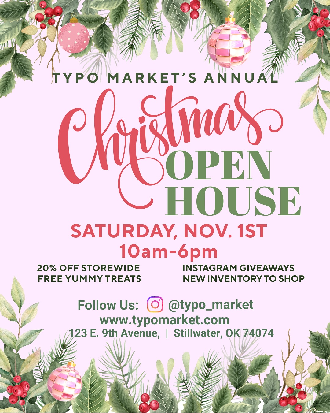 Typo Market’s Annual Christmas Open House is ONE WEEK AWAY! The store will have a brand new look, lots of new inventory to shop, FREE yummy treats, 20% Storewide, And of course, we will be giving away 2 $50 Gift cards! To Enter:⬇️
1. Like this post
2. Share it to your story
3. Comment a 🎄