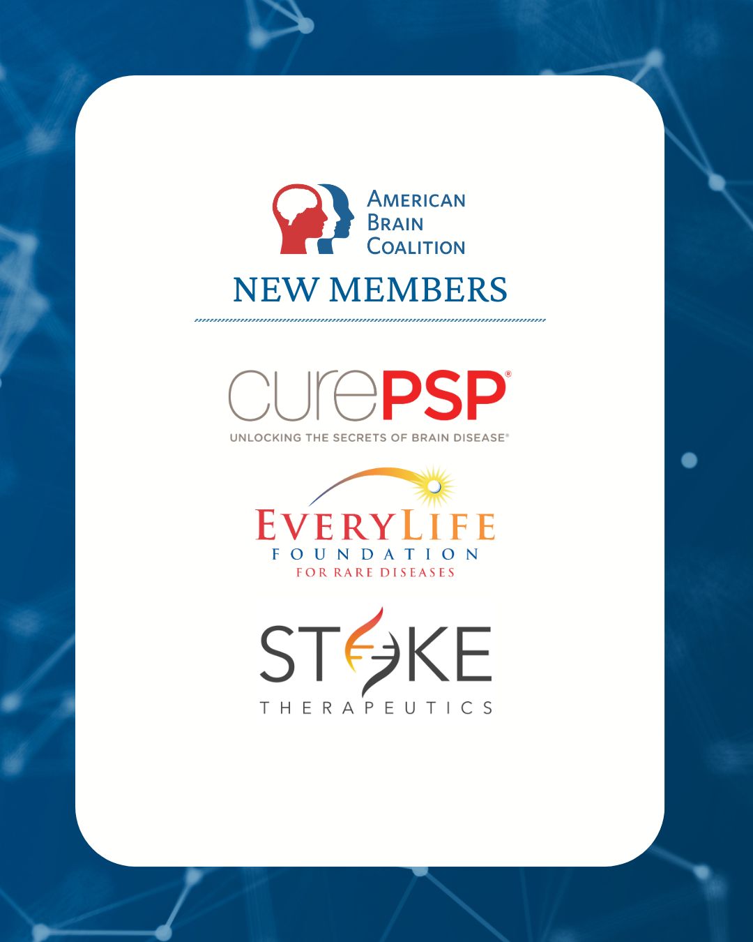 We are delighted to welcome @curepsp_, Stoke Therapeutics, and the @everylifeorg as the newest members of the American Brain Coalition. Your commitment and expertise will strengthen our initiative, and we look forward to collaborating with you to advance our shared mission. #AmericanBrainProud