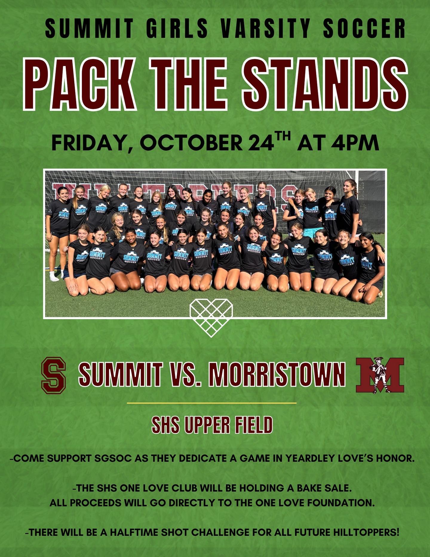 Reminder for this meaningful event for Friday! Come support the @sgsoc25 as they dedicate a game in Yeardley Love’s honor. The SHS One Love Club will be holding a bake sale. All proceeds will go directly to the One Love Foundation. There will be a halftime shot challenge for future hilltoppers!