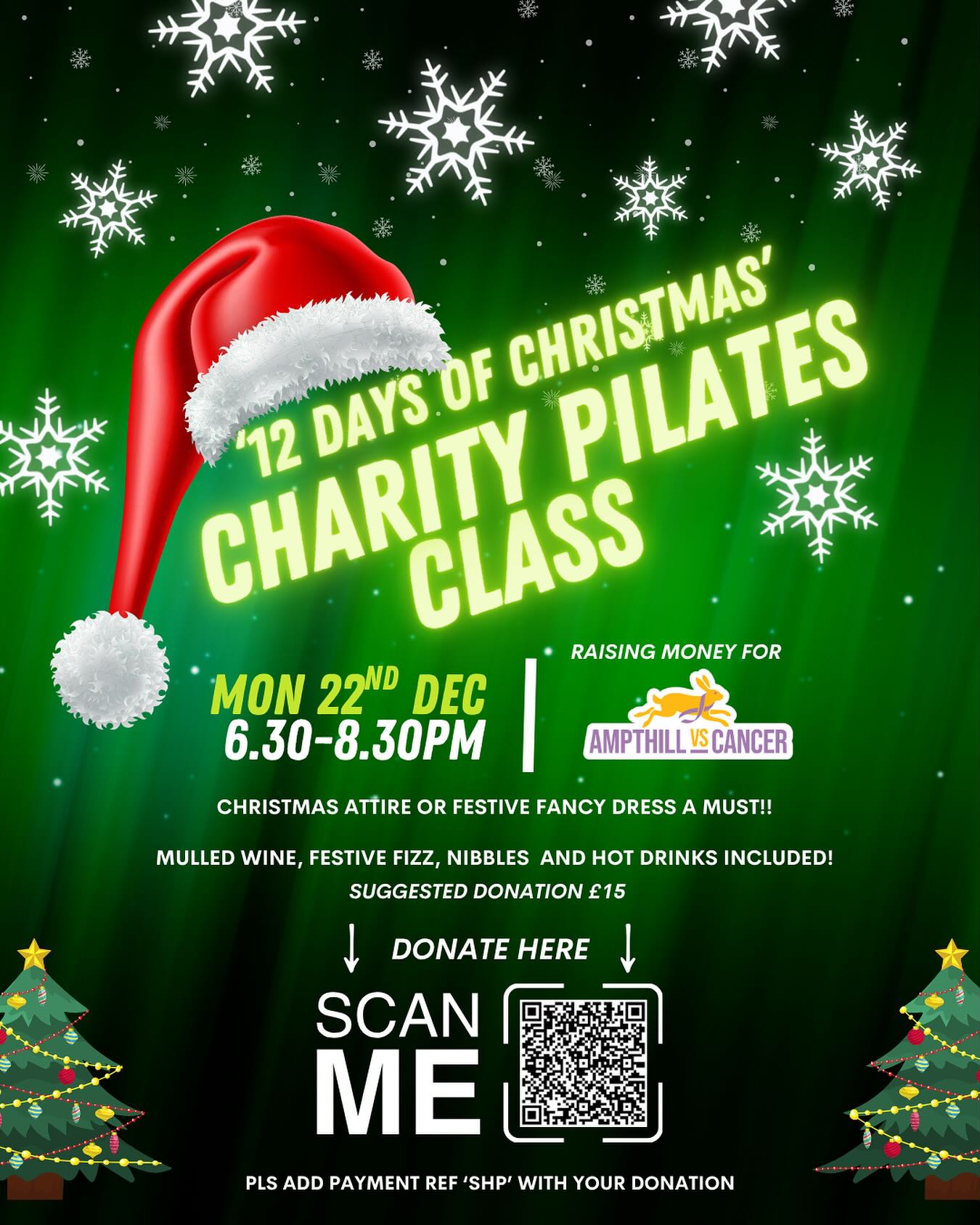 I am thrilled to be supporting @ampthillvscancer once again this year with all proceeds from my annual members Christmas Charity class going straight to them….!
This members only event has just 3 spaces remaining…but what’s it about???
Well we’ll once again be working through the ‘12 Days of Christmas Pilates’ in teams, wearing goodness knows what sort of festive attire and costumes!
Members - you can register on Team Up and then make your donation by scanning the QR code (there is a poster in the studio too), making sure you use ref ‘SHP’ with your donation!
Bring the festive fun on!!!! 🎅 🎄