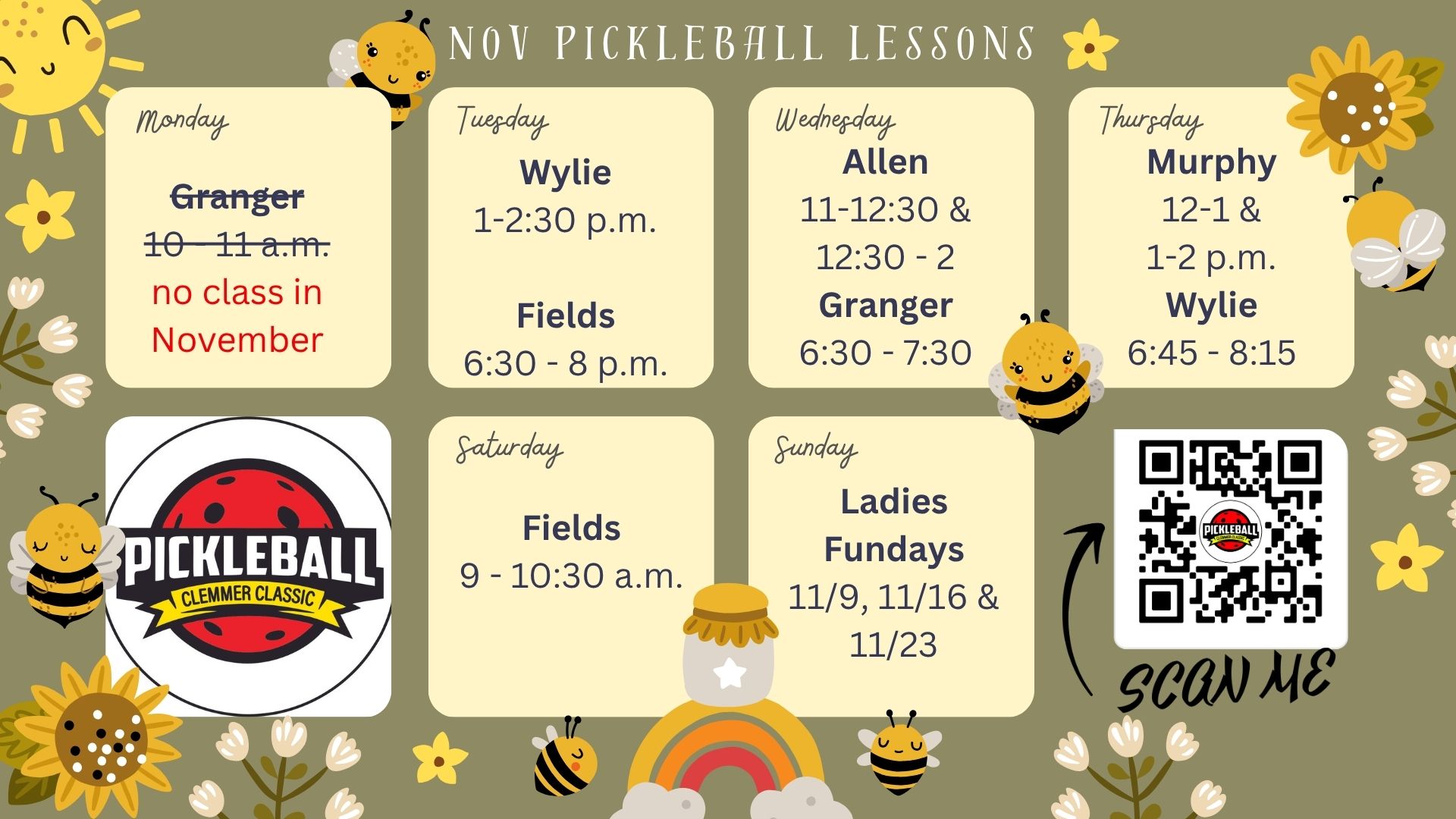 So many opportunities to play pickleball this November.
Clemmer Classic has a tournament (11/15), Ladies Fundays, Golden Hour open play for seniors and tons of beginner and skills & drills lessons.