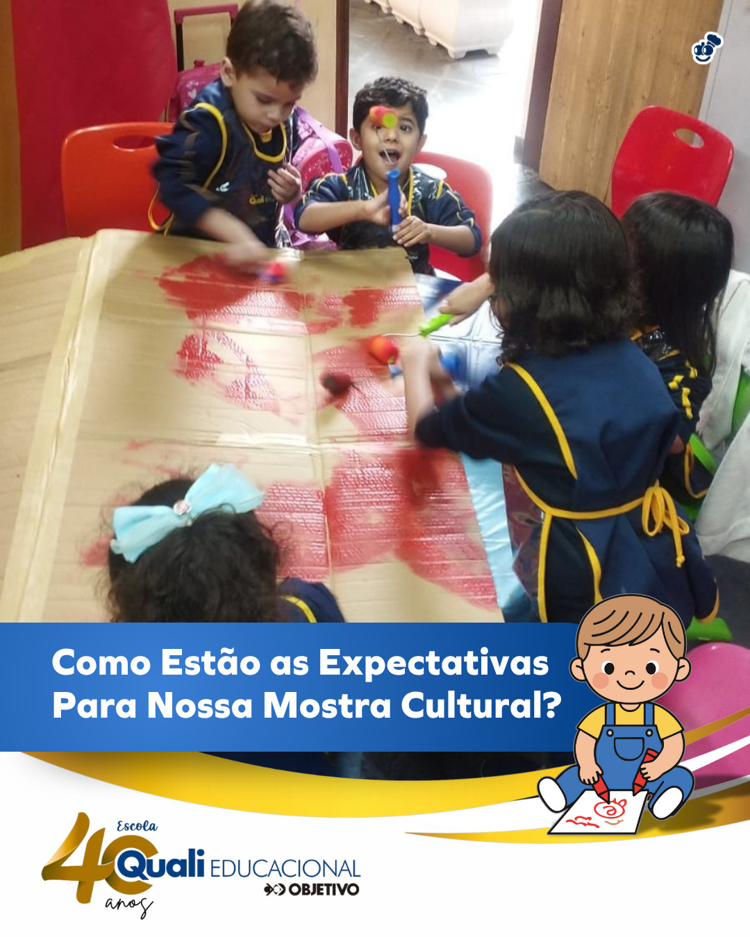 ✨ As expectativas para a nossa Mostra Cultural estão lá em cima! 💫 Cada detalhe está sendo preparado com muito carinho — dos projetos dos alunos às homenagens que celebram os 40 anos da nossa história. 🩵💛 Vai ser um momento de emoção, aprendizado e muita inspiração, mostrando todo o talento, criatividade e dedicação dos…