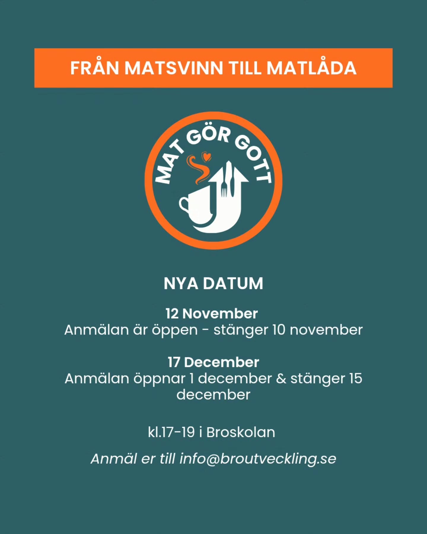 Efter sommaruppehållet är Mat Gör Gott igång igen och den här gången blir det ännu mer härlig mat och gemenskap. 🙌
Här är de nya datumen och tiderna för dig som vill vara med:
12 November - Anmälan är öppen - stänger 10 november
17 December - Anmälan öppnar 1 december & stänger 15 december
Insläpp är mellan kl. 16:50-17:10
Plats: Broskolan, Bro Centrum
✉️Anmäl dig hit: info@broutveckling.se
❗️Föranmälan krävs pga begränsat antal platser.
Hoppas att vi ses där!
#bro #brocentrum #matgörgott #Tillsammansförbro #bid #samverkan