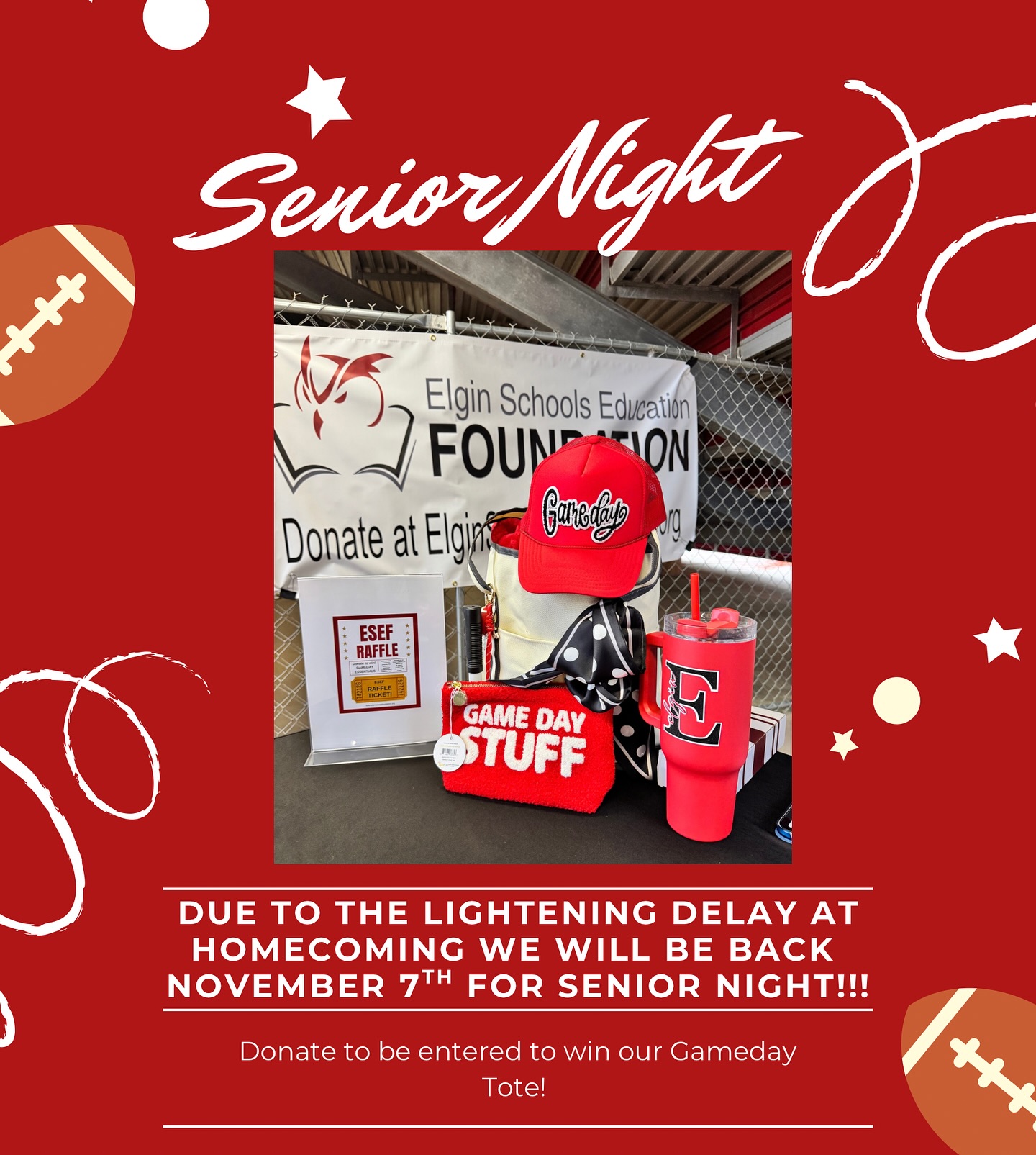 The lightening delay got in the way of our fun last night BUT we decided we’ll be back at Senior Night, November 7th. Stop at our table, make a donation and you’ll be entered for a chance to win our Gameday Tote! We’d love to say hi and share all about ESEF with you and find the perfect way for you to be involved! We’ll see you soon!!! 🏈♥️🦉📚